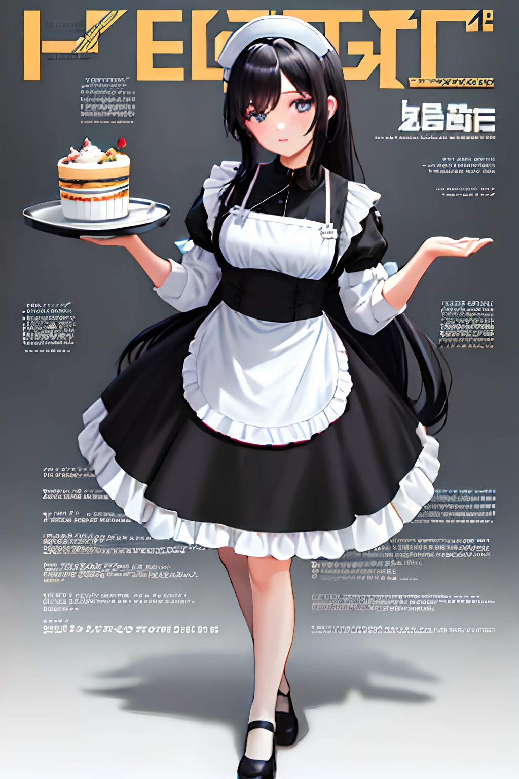 maidennurse,middle parted bangs,black color hair,Double ponytail cute,hair straight,MagazineCover,s girl,,Golden-blue eyes,Hold the tray with both hands,blacksilk,Black and white dress,short- sleeved,aprons,short- sleeved,Puff sleeves,Full body standing painting