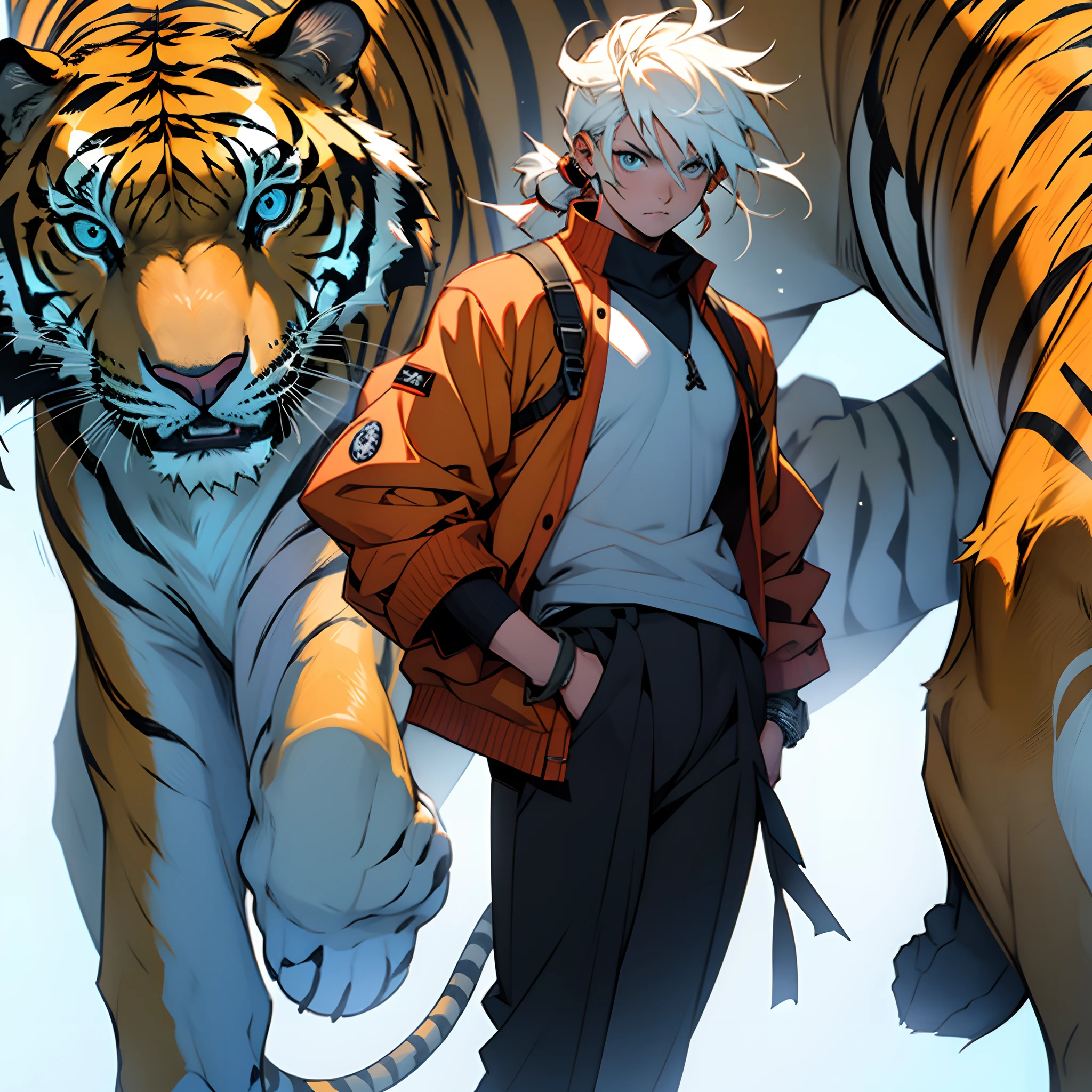 a girl standing by a tiger that is glowing blue, in the style of anime art, dark symbolism