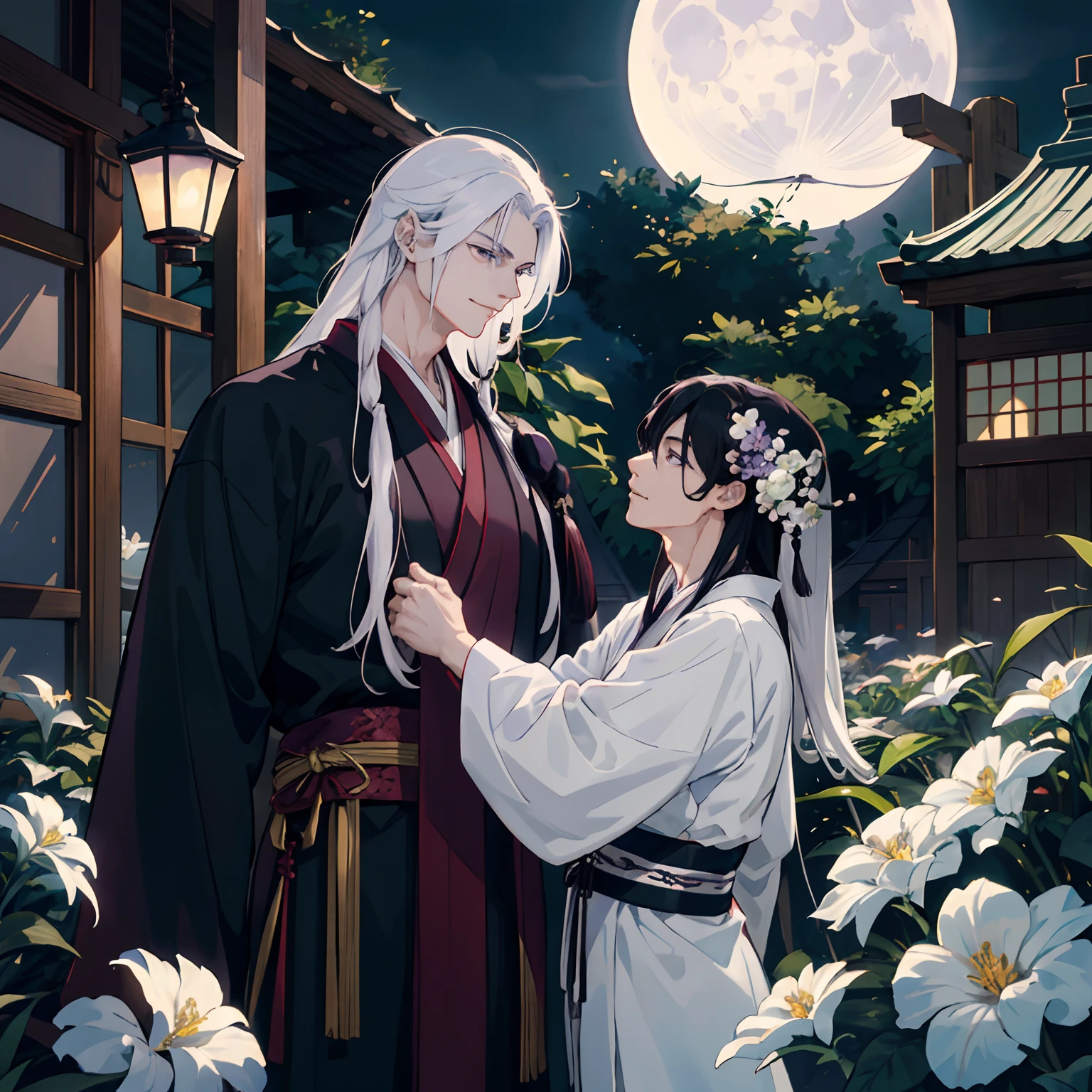 2 men, lover, Wooden greenhouses, Wearing Hanfu, Long black hair, Dark purple eyes, doctor, White-haired man with very muscles., Wearing Hanfu, Wide shoulders, Tall, Long white hair, Black eyes, moon light, caress, smirk, Flowers flutter,