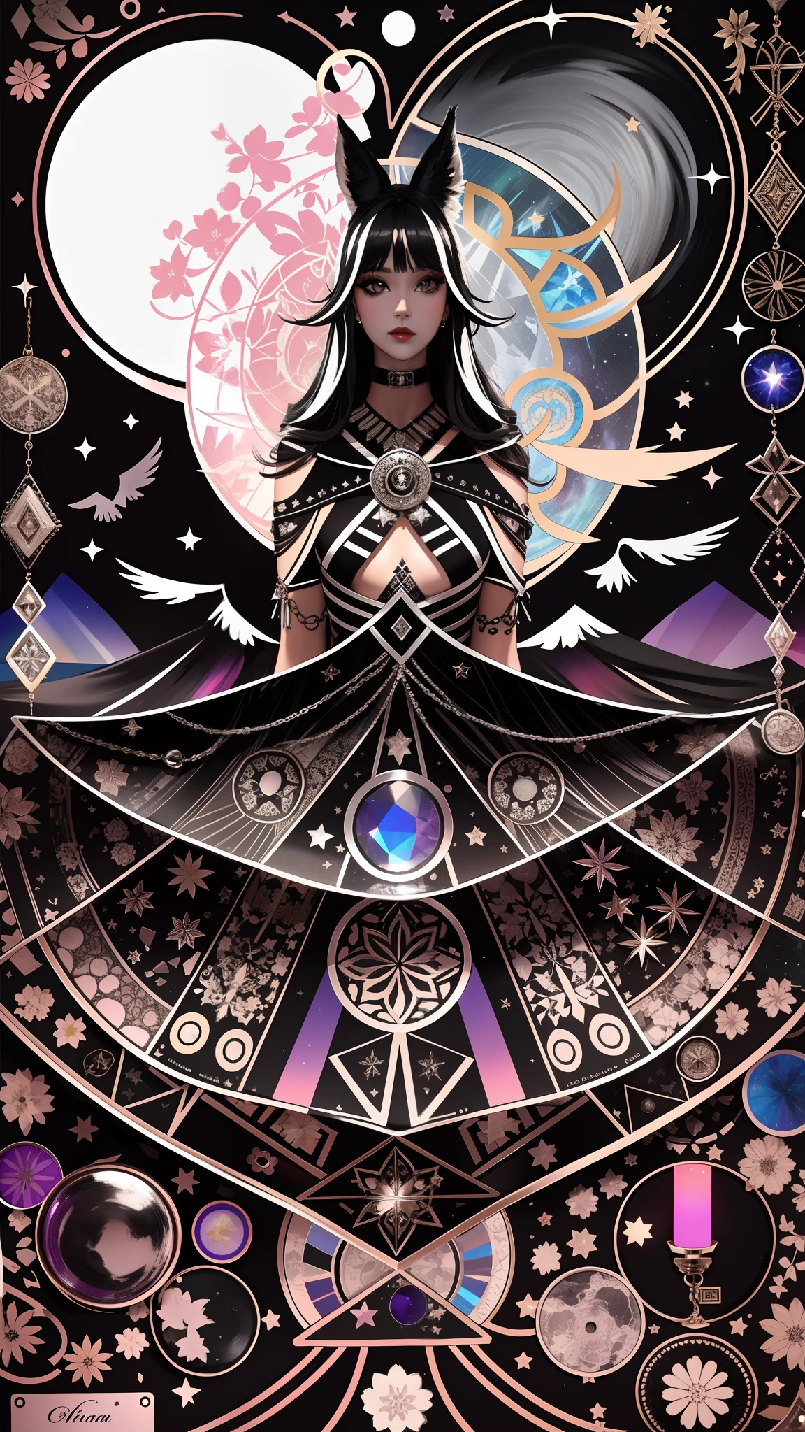 Model: long wavy hair, full dark lips, Smoky eyes, BREAK, Setting: Room with black color, Broken glass,multicolored neon crystals, BREAK, bodypaint: Polychromatic geometric patterns, Torso cover, Arms and legs, BREAK, Accessories: Chrome-plated chains with torn body, Silver Choker, black feathered white black wings, Naked, Topless, naked body,BREAK, the pose: on a bed, looking forward, truth, Magic, Magic, wolf ears, Wolf, up close, northern lights, spectrum