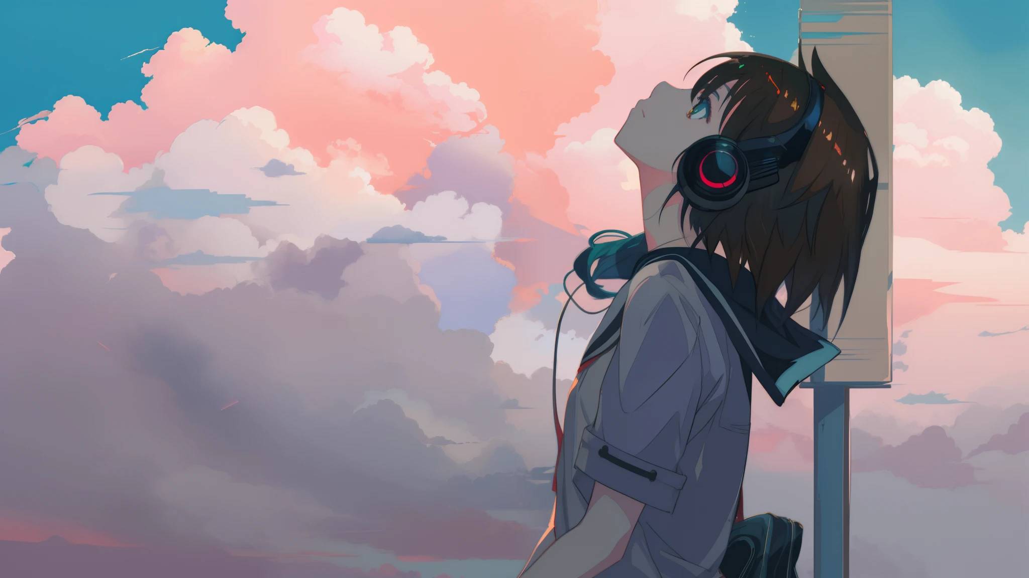 Anime girl wearing headphones, Looking Up The Sky,Makoto Shinkai Cyril Rolando, dreamy psychedelic anime, Anime Cloud, lofi-girl, girl clouds, conrad roset and makoto shinkai, Praise Artstyle, Lofi art, Atmospheric anime, in the style of makoto shinkai, anime atmospheric, makoto shinkai art style