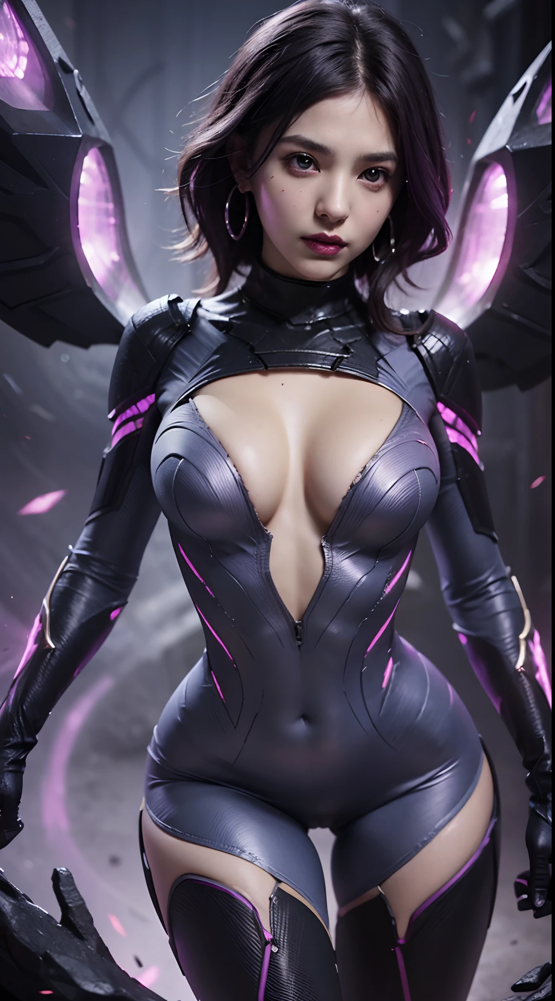 s the perfect face，Nice face，perfect hand，1girll，Kai'Sa，league of legend，Kai'Sa，Purple wings，Deep purple hair，Purple lips，(Purple glowing eyes)，(Purple pattern on the face)，Purple earrings，(Black collar)，Big breasts tightened，Serious expressions，intense glare，looking at viewert，From the front，（dynamicposes），(Wings of the Void)，arma，tmasterpiece，the Extremely Detailed CG Unity 8K Wallpapers，best qualtiy，32K，Focus Clear，Cyber City，neonlight，light circles，The background is a black hole，Purple Leather Pants，(The navel glows purple)，Purple glow at the waist，Xenomorph burst out of the chest，Rip your belly