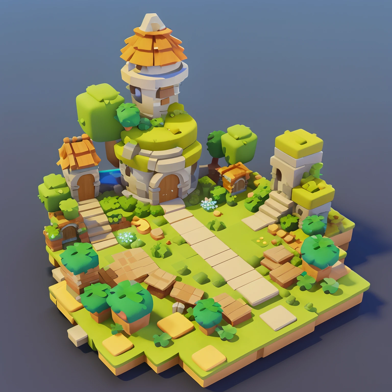 Game architecture design， cartoony， Riman， steins， bricks， grassy， flod， florals， Verdure， ricefield， the trees， critters， casual game style， 3d， blender， tmasterpiece， super detailing， Best quality at best
