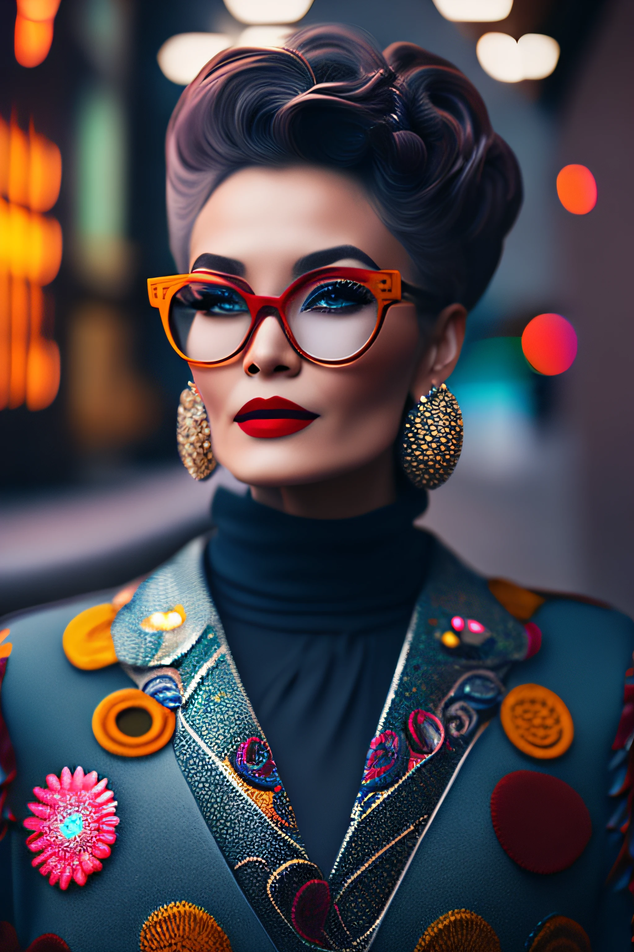 (fashionista portrait WOMAN WITH 70 YEARS, 1950s with intricate colorful modern bright vintage colored glasses), hair with colorful flowers, expression would be, (extremely detailed digital photography: 1.2), standing in the middle of the city, ((((full body)))), raw image,, Hasselblad, 50asa, f8, 12mm, glow effects, godrays, hand drawn, render, 8k, octane render, cinema 4d, blender, dark, atmospheric 4k ultra detailed, sensual cinematic, sharp focus, very serious illustration great depth of field, masterpiece, colors, 3d octane rendering, 4k, concept art, trend in artstation, hyperrealistic, vivid colors, rim light, extremely detailed CG 8k wallpaper unit, trend in ArtStation, trend in CGSociety, Pop Art style by Yayoi Kusama, Intricate, High Detail, dramatic, pure energy, light particles, sci-fi