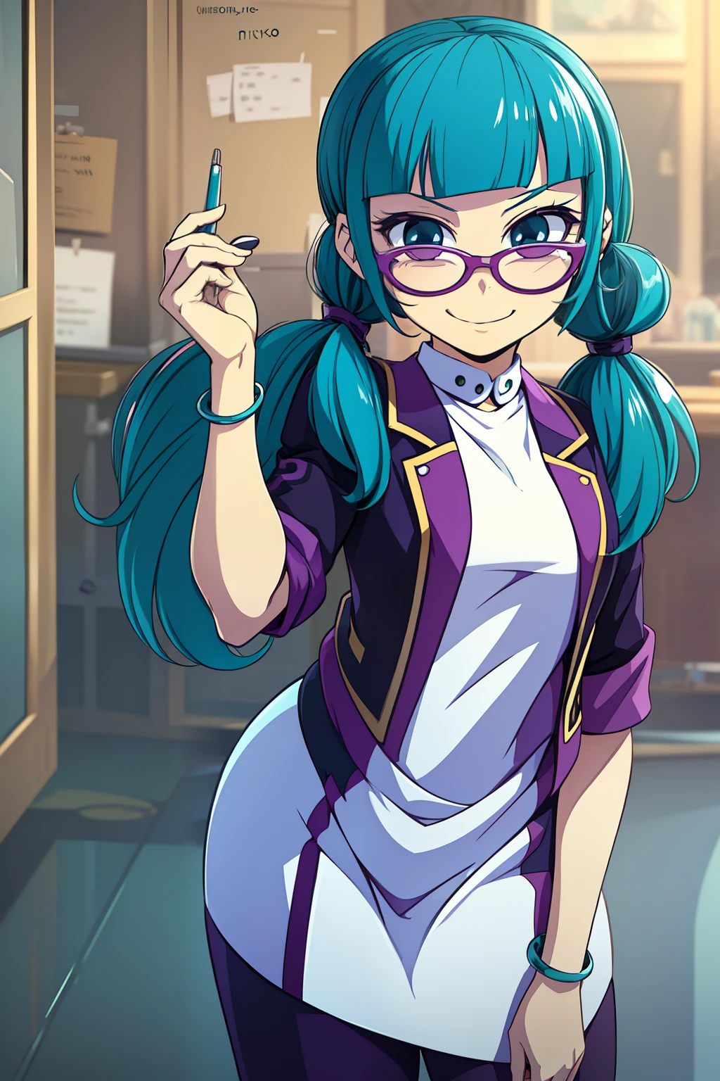 Juniper Installation, A  girl, Aquacolor for hair, kino, uniform, stands on his feet, kino, twin tails, blue eyes, hairpins, purple glasses, cinema, turquoise stripe on the hair, ssmile, joying, Adult