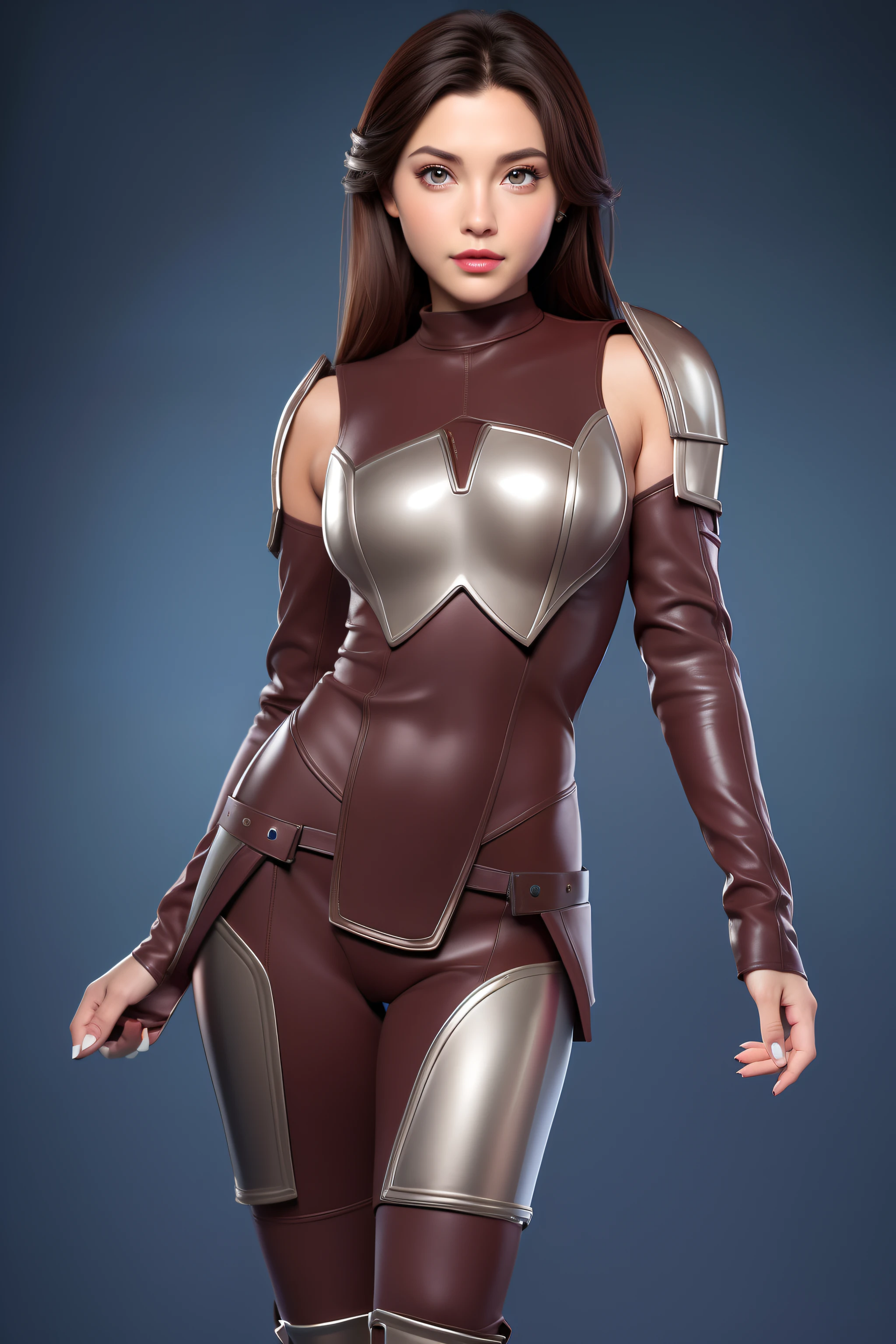 Beautiful Face Woman、Brown hair、a miniskirt、Blue background、 Beautuful Women、18year old、prety woman、hyper realistic photography、High-definition photos、red lipsticks、Full body suit in Mandalorian style metal armor、big eye、The skin is not exposed、Keep your head facing the screen
