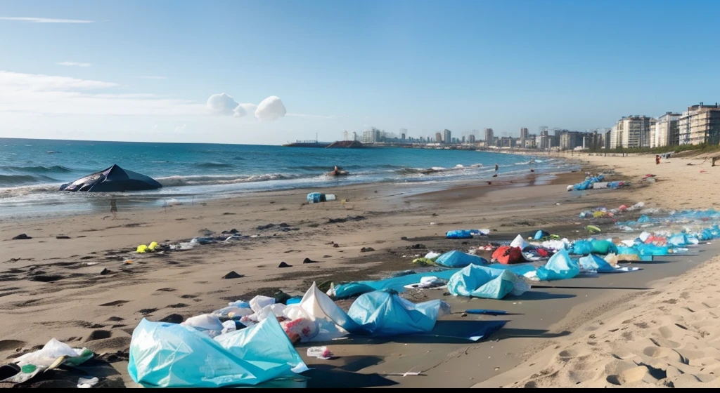 Lots of messy garbage bags on the beach、Discarded mineral water bottles were knocked away by volleyballs