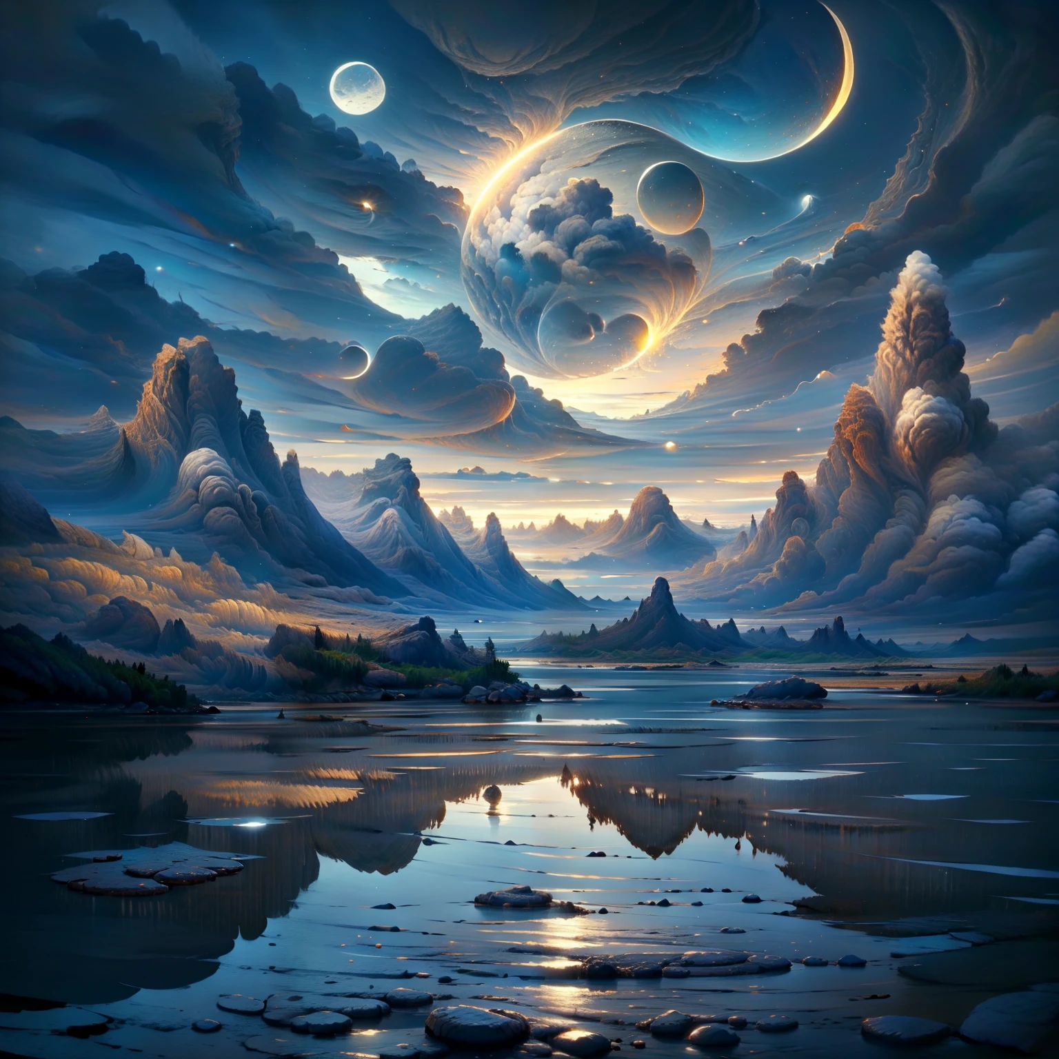 mountains and a lake with a moon in the sky, 4k highly detailed digital art, 4 k hd wallpaper very detailed, impressive fantasy landscape, sci-fi fantasy desktop wallpaper, unreal engine 4k wallpaper, 4k detailed digital art, sci-fi fantasy wallpaper, epic dreamlike fantasy landscape, 4k hd matte digital painting, 8k stunning artwork