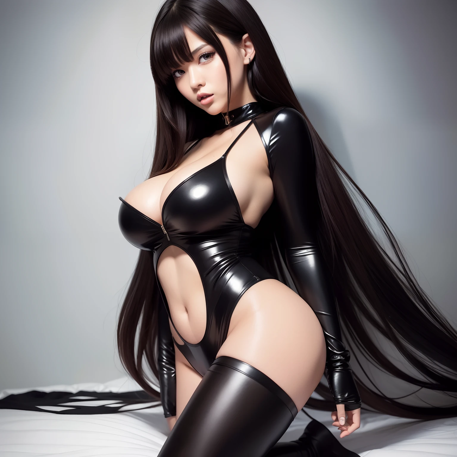 super high image, super detail, high resolution, anime, manga, illustration, beautiful woman, baby face, ecstatic expression, amorous expression, seductive look, glossy black straight hair, hair over one eye, sharp slit sparkling big brown eyes, alluring moist lips, huge breasts, under boob, great proportion, perfect proportion, slender, full body, black enamel bodysuit, on the bed