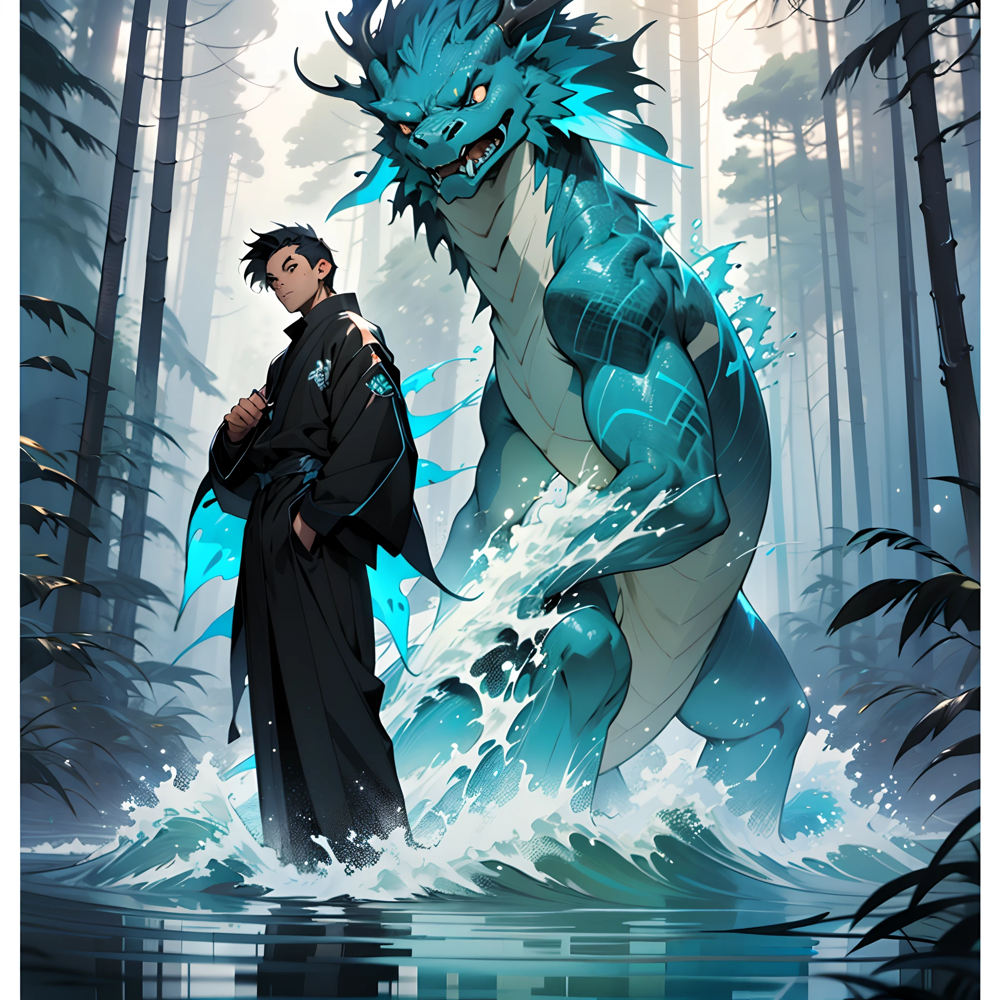 the boy is standing in a forest filled with floating blue creatures, in the style of lightningwave, anime-inspired characters, light bronze and light black, animated shapes, glistening, light black and turquoise, inlay