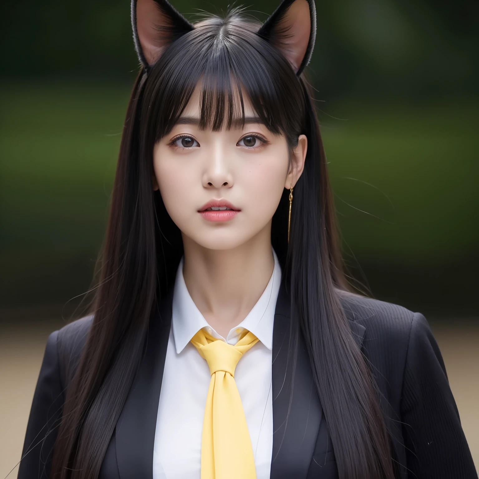 top-quality、((1人の女性))、Black long straight hair、Black horse ears、A dark-haired、yellow  eyes、Yellow tie、long hair between the eyes、Black coat、Black pleated skirt、Black collared shirt、Luminescent eyes、Colossal tits、