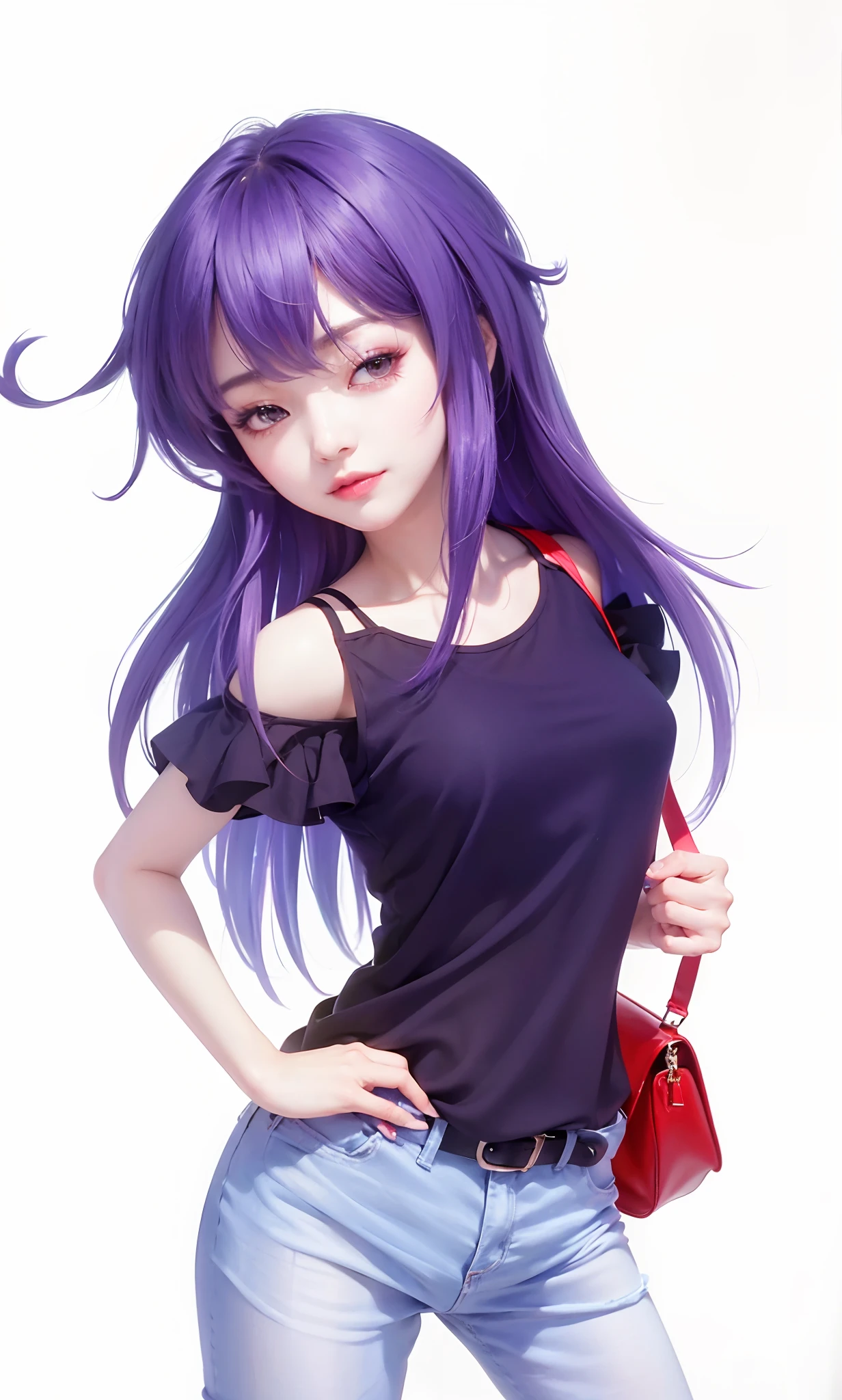 (8k, RAW photo, photorealistic:1.25) ,( lipgloss, face Kpop, glossy skin, best quality, ultra highres, realistic,depth of field, chromatic aberration, caustics, Broad lighting, natural shading,Kpop idol) looking at viewer with a serene and goddess-like happiness, purple hair, tank top black, red bag.