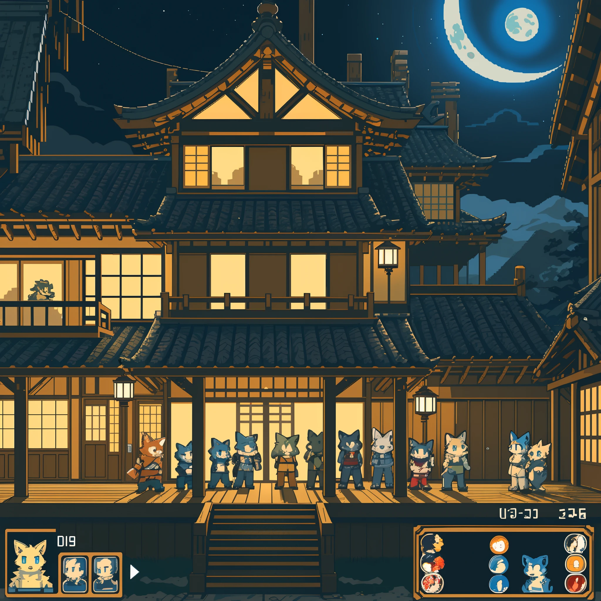 highres, absurdres(highly detailed beautiful face and eyes)perfect anatomy, detailed background, User Interface of Action game, side view game, dots game, pixel art, night, japanese house, deteriorated furniture, windows, moonlight, 6+boys, 6+girls, expression, good lighting, cinematic shadow(kemono, furry anthro)assorted poses,