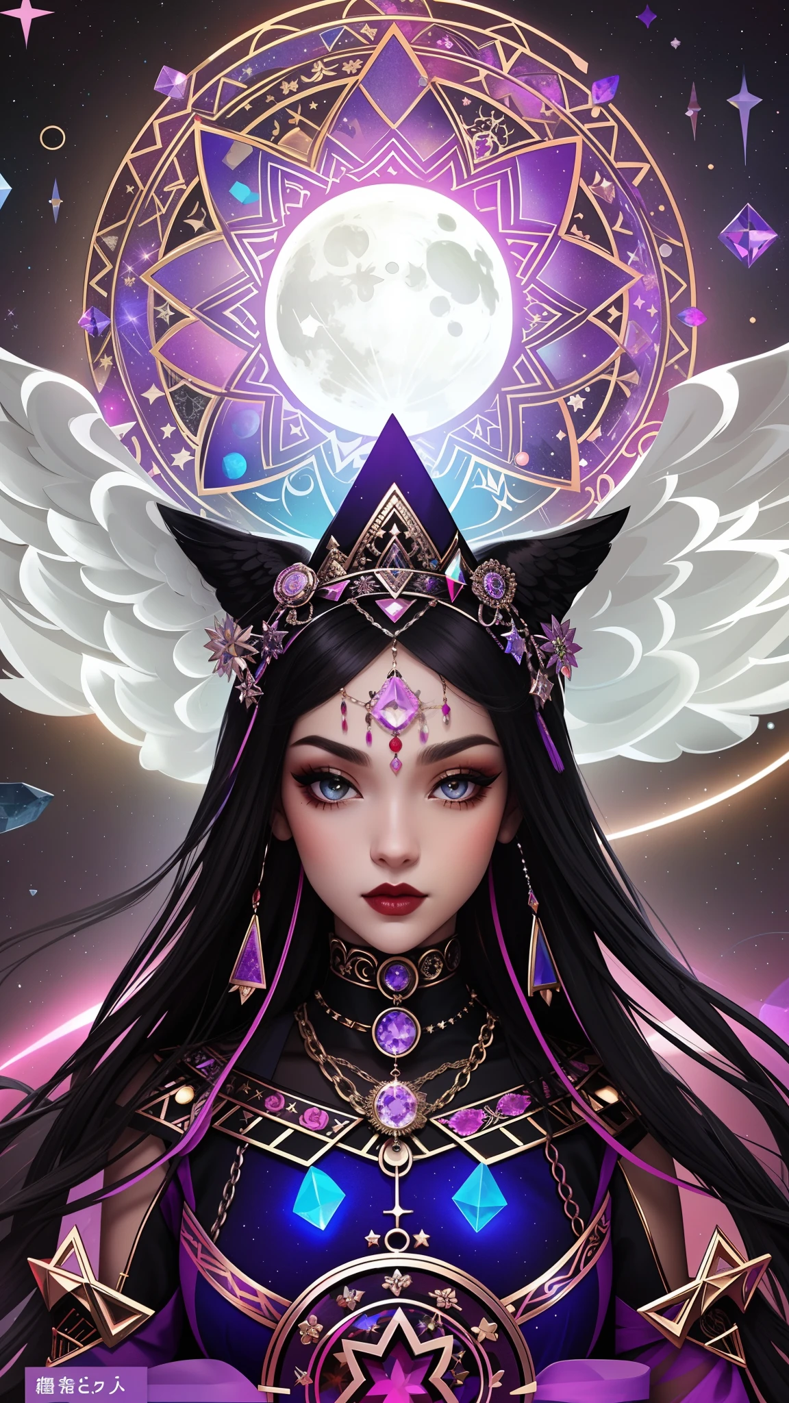 Model: long wavy hair, full dark lips, Smoky eyes, BREAK, Setting: Room with black color, Broken glass,multicolored neon crystals, BREAK, bodypaint: Polychromatic geometric patterns, Torso cover, Arms and legs, BREAK, Accessories: Chrome-plated chains with torn body, Silver Choker, black feathered white black wings, Naked, Topless, naked body,BREAK, the pose: on a bed, looking forward, truth, Magic, Magic, up close, northern lights, spectrum, crystals, rainbow, confidence, Rockstar, Sorceress, Magical, in love dark elves. 🧘🏻‍♀️👁️⛩️soror 🌬️mystica 🩸✨occult dmt🪬dream 👁️goddess🥀🔑🚪moon, key, starry, secrets, mystery, love. 100mm wide lens