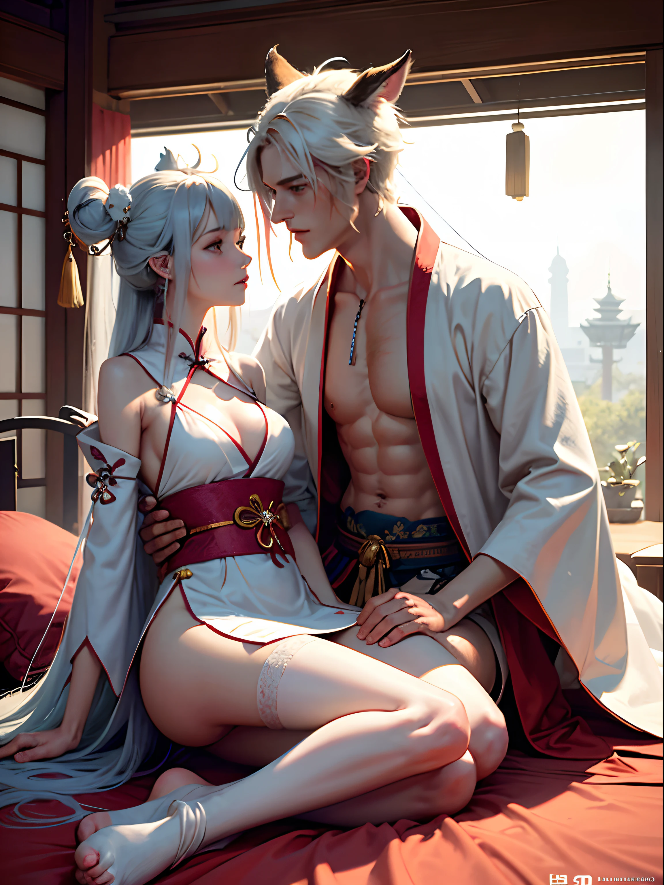 concept-art，"1 couple， Animal ears male focus， Beast ears，Beast tail， O cabelo multicolorido，Handsome boy，Long white hair， nipple tassels， By bangs，Colorful，Bold colors，White sexy kimono，（avas）komono，Traditional Chinese clothing，closeup cleavage，Intimate interaction in bed，Look at each other，ear studs，Nipple Ring，sweat leggs，Illuminate people", rich colourful，Master composition，Focus on key people， photorealisti，tmasterpiece， awardwinning， best qualtiy， tmasterpiece， ultra - detailed， 8K， Extremely detailed Cg Unity 8K wallpaper， 复杂， highly  detailed， realisticlying