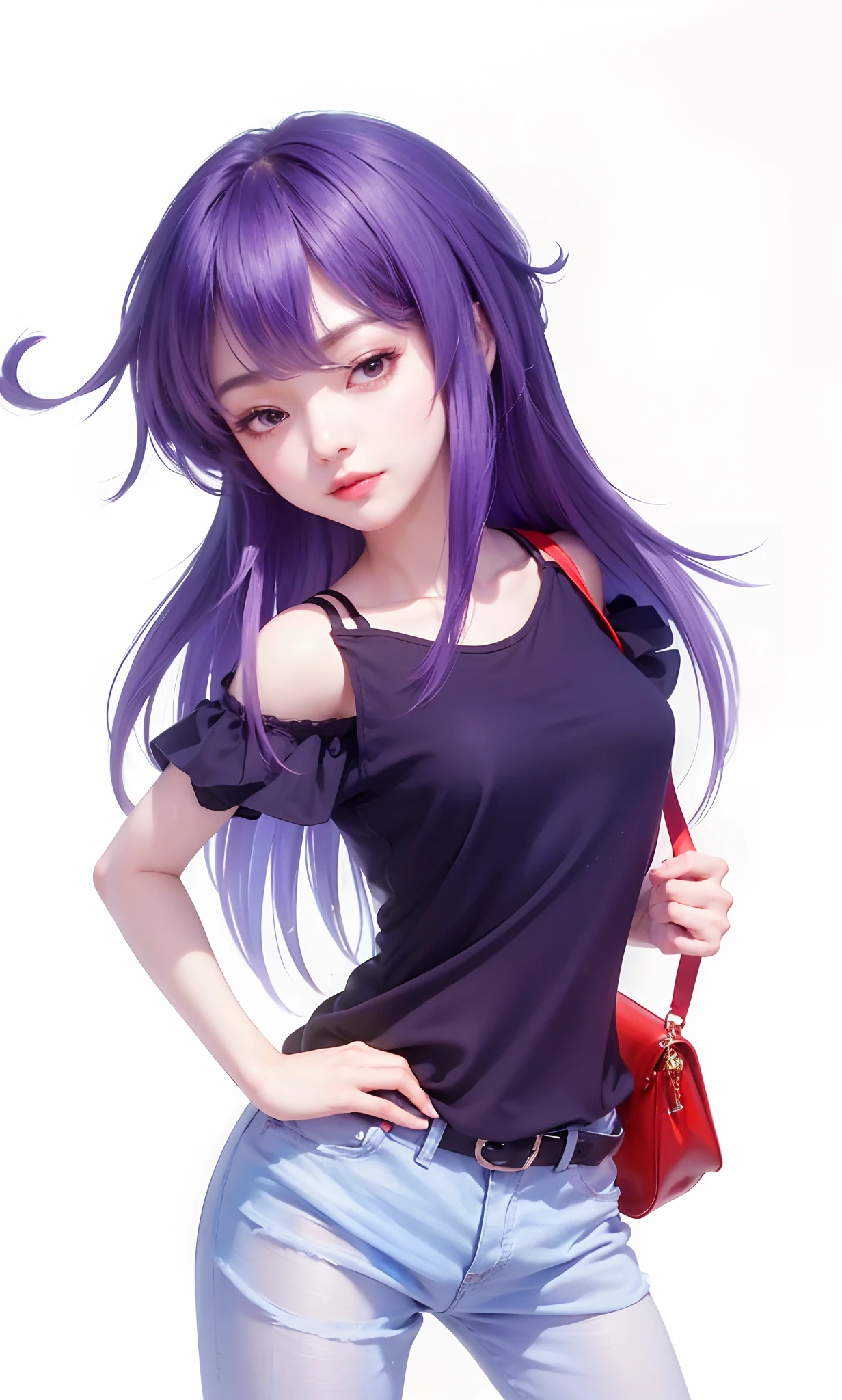 (8k, RAW photo, photorealistic:1.25) ,( lipgloss, face Kpop, glossy skin, best quality, ultra highres, realistic,depth of field, chromatic aberration, caustics, Broad lighting, natural shading,Kpop idol) looking at viewer with a serene and goddess-like happiness, purple hair, tank top black, red bag.