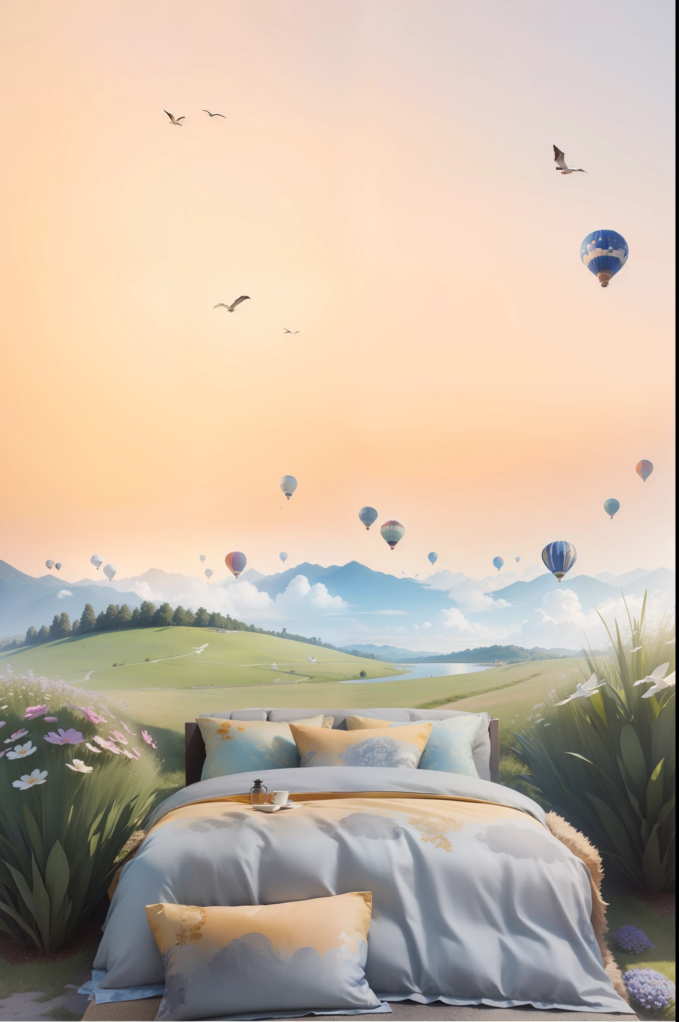 Masterpiece,Best quality,blue-sky,baiyun,flying birds,hot air balloon,light wind
