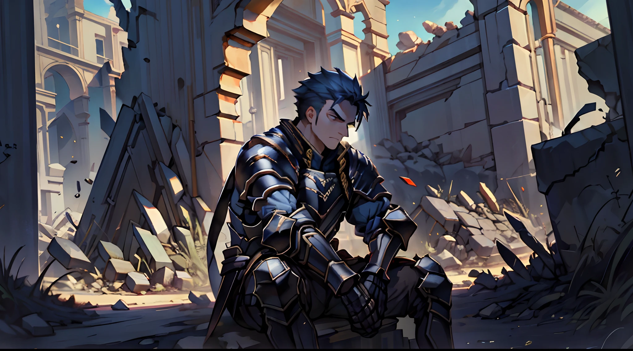 Draw a young armored warrior(Man),Sitting on the ruins of the battlefield。He was wiping his lightsaber,It is surrounded by ruins。Dramatic illuminations from the setting sun illuminate the scene,A deep shadow was cast on the combat uniform and armor。The young man looks sad and vicissitudes,Look at the dilapidated and dim ruins with determination and determination,Short hair,Warrior shots,