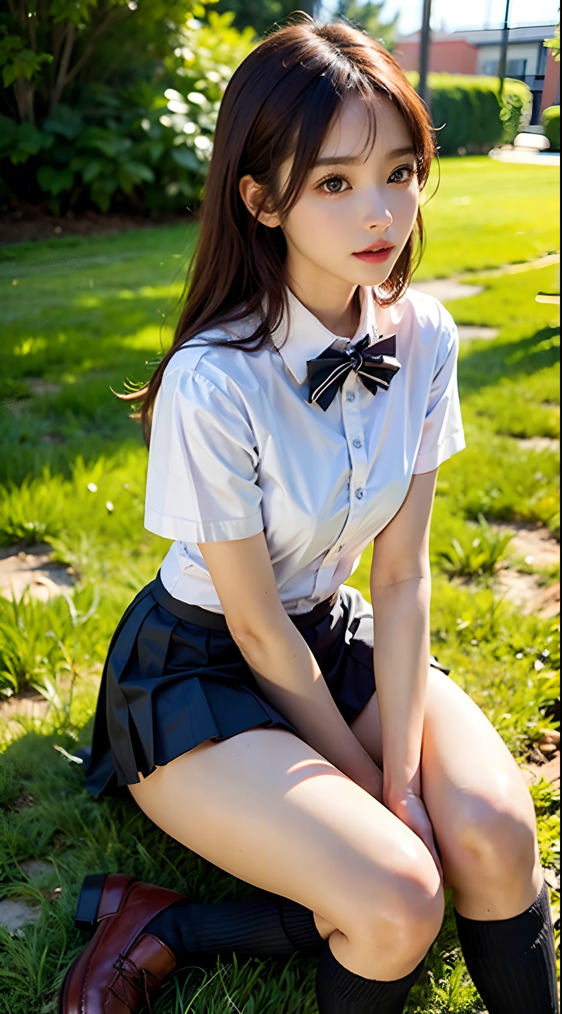 Underwear, Pictures of 20-year-old women, Cute, Panties, ((KPOP Idol)), ((Lace panties, panty shot,white panties visible)), ((gym sitting, sitting with both hands on the grass, A-shaped legs)), skirt, School uniform, Socks, Black hair, Shirt, Blurred, Blurry background, Knee-high, White shirt, Loafers, Lips, Brown eyes, Black socks, bow tie, pleated skirt, headrest, shot from under the front, outdoors, brown footwear, masterpiece, top quality, ultra detail,