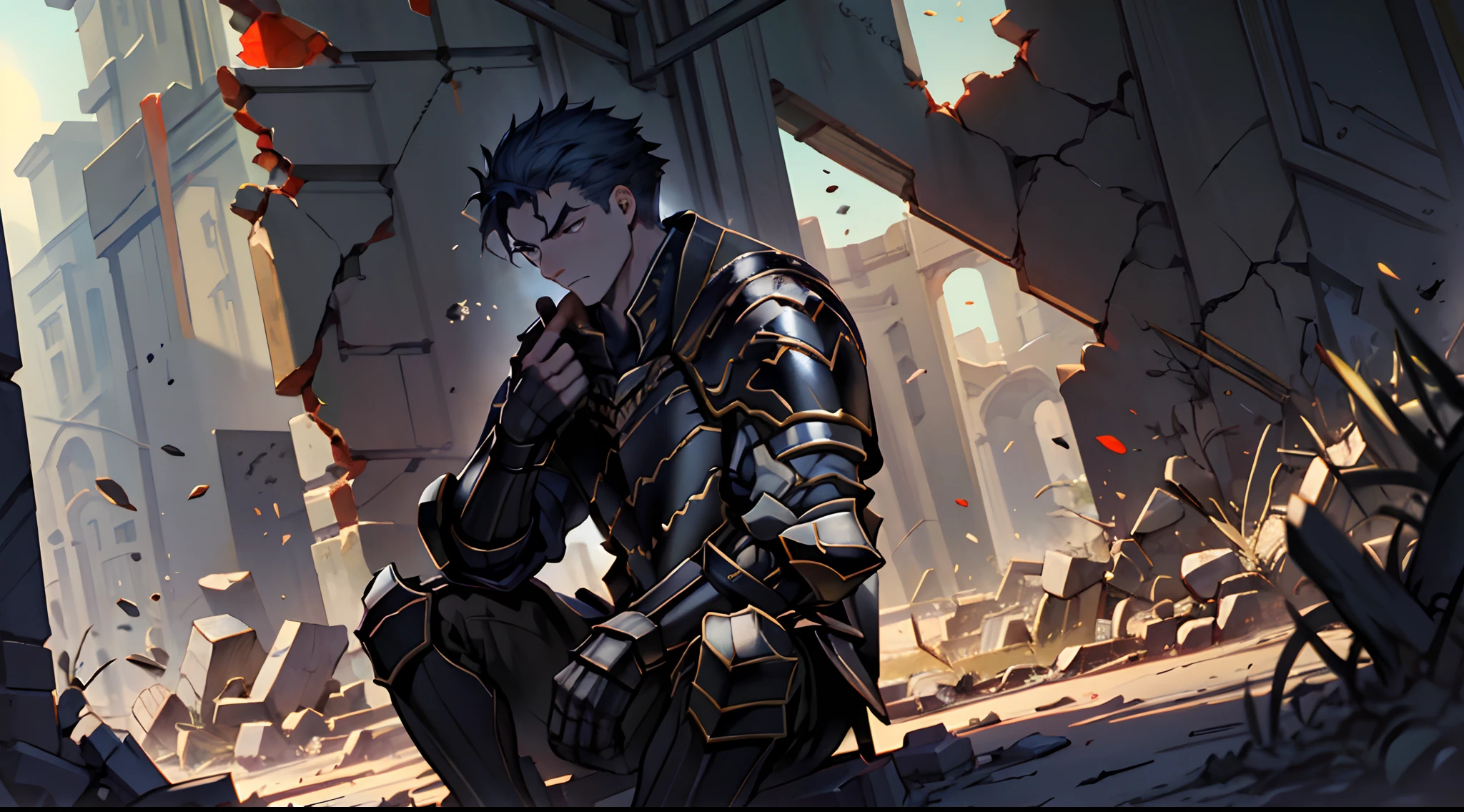 Draw a young armored warrior(Man),Sitting on the ruins of the battlefield。He was wiping his lightsaber,It is surrounded by ruins。Dramatic illuminations from the setting sun illuminate the scene,A deep shadow was cast on the combat uniform and armor。The young man looks sad and vicissitudes,Look at the dilapidated and dim ruins with determination and determination,Short hair,Warrior shots,