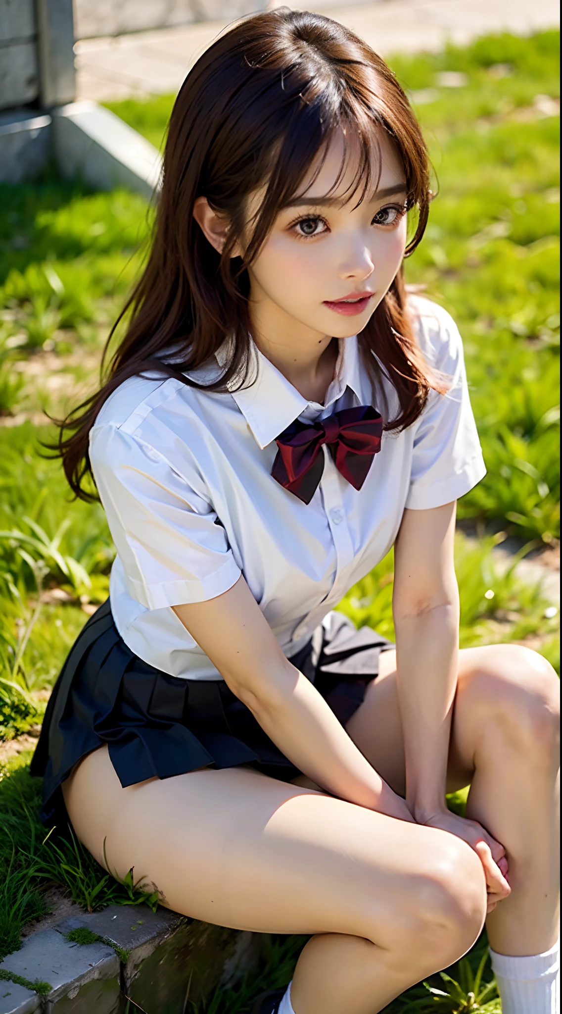 Underwear, Pictures of 20-year-old women, Cute, Panties, ((KPOP Idol)), ((Lace panties, panty shot,white panties visible)), ((gym sitting, sitting with both hands on the grass, A-shaped legs)), skirt, School uniform, Socks, Black hair, Shirt, Blurred, Blurry background, Knee-high, White shirt, Loafers, Lips, Brown eyes, Black socks, bow tie, pleated skirt, headrest, shot from under the front, outdoors, brown footwear, masterpiece, top quality, ultra detail,