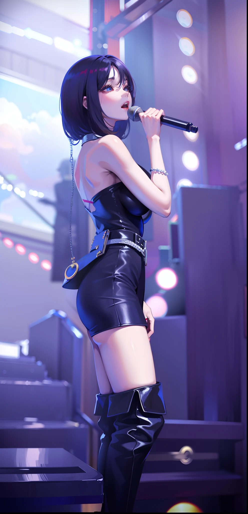 tmasterpiece,Need,super-fine,Semi-realistic，Arapi women, dressed in black, sang through microphones on stage, sun yunjoo, Performing on stage, jia, candid shot, Big breasts Thin waist, Cocked buttocks，voluptuous figure，On stage, jisoo from blackpink, her back is to us, waist - shot, Choi Hyun-hwa, jisoo of blackpink, seseon yoon, park jimin, kda, shin min jeong，vague background