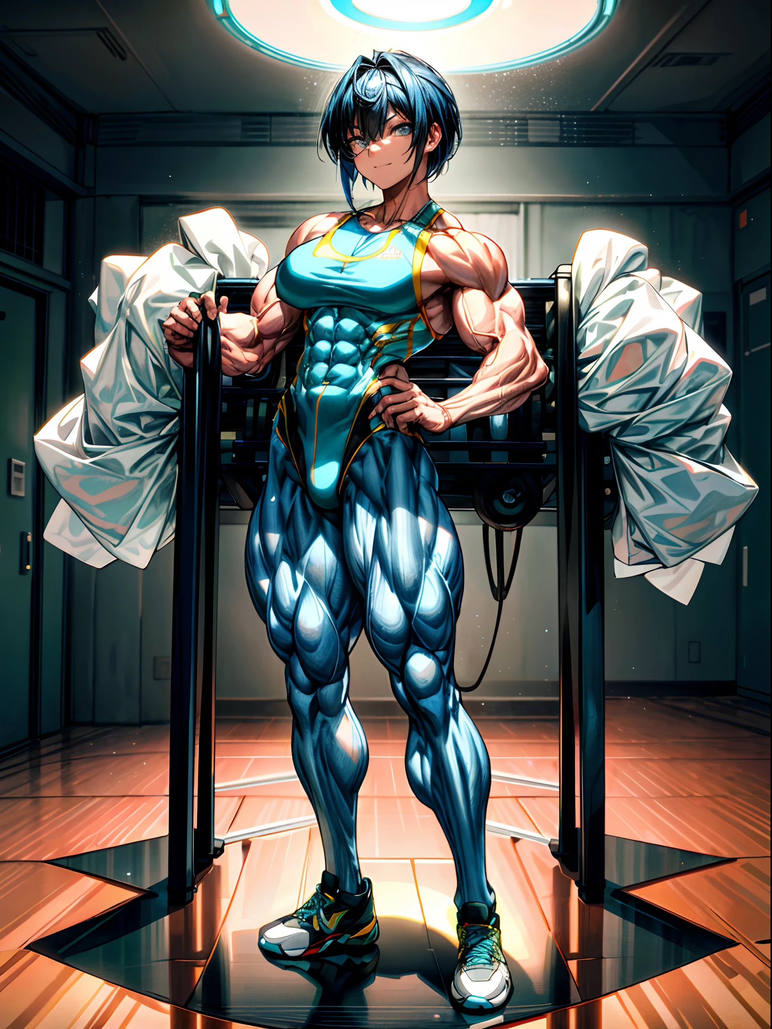 BEST lighting , (ultra intricately detailed) , 4K unification, (super-detailed CG: 1.2) , (8K: 1.2),(Original), (Masterpiece) , (Best quality),(Masterpiece:1.4),Anime-ish high quality,(Masterpiece),Masterpiece, Best quality, absurderes,((masterpeace, 4K, 8K, Yes, A high resolution))1girll,ssmile,standing on your feet,One man only,She was at school,校服, expose arms,Exposing the abdomen,Protruding blood vessels on the arm,Green tendons bulge,Spring, Boots, Perfect figure, Short blue asymmetric hair, Sweat, Expose legs,Strong leg muscles((body builder:1.5))(Beautiful bace),(Girl),(Female),(((Lower body of the machine:1)))
