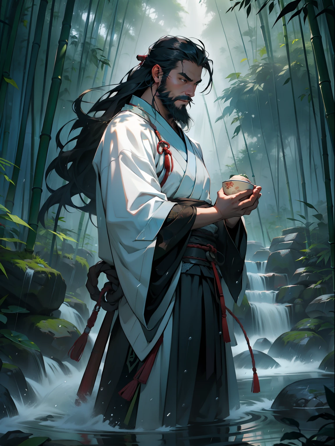 Deep in the bamboo forest, Chinese Ancient Times,raining day, A middle-aged male, 50yearsold, With a beard,long whitr hair,emaciated,dressed white hanfu, Standing in a bamboo forest, A hand touched his beard,Place one hand behind your back,look up to,Quiet, Cinematic lighting, in a panoramic view, Masterpiece, ccurate, Super detail, Award-Awarded, Best quality