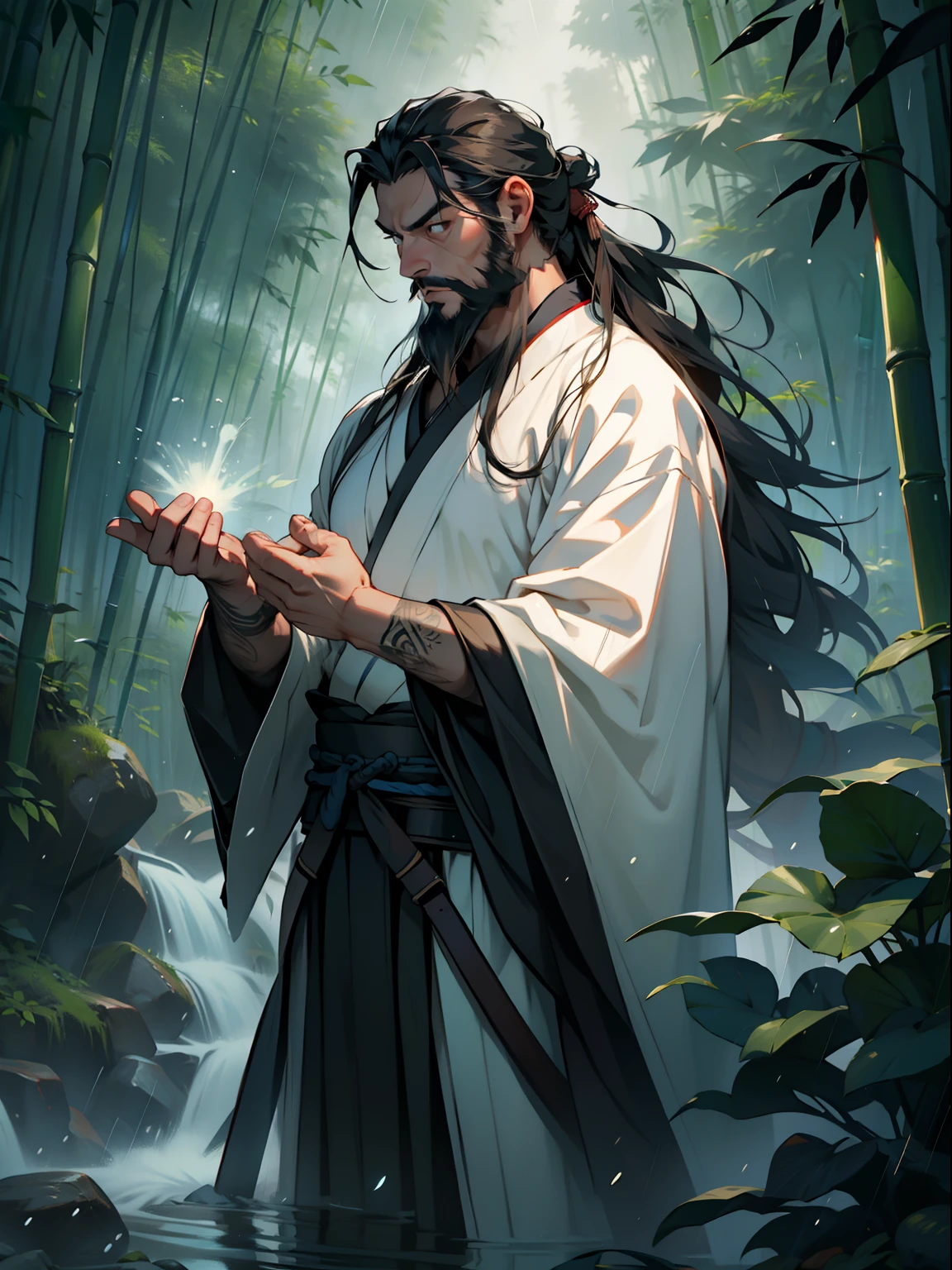 Deep in the bamboo forest, Chinese Ancient Times，raining day, A middle-aged male, 50yearsold, With a beard，long whitr hair，emaciated，dressed white hanfu, Standing in a bamboo forest, A hand touched his beard，Place one hand behind your back，look up to，Quiet, Cinematic lighting, in a panoramic view, Masterpiece, ccurate, Super detail, Award-Awarded, Best quality