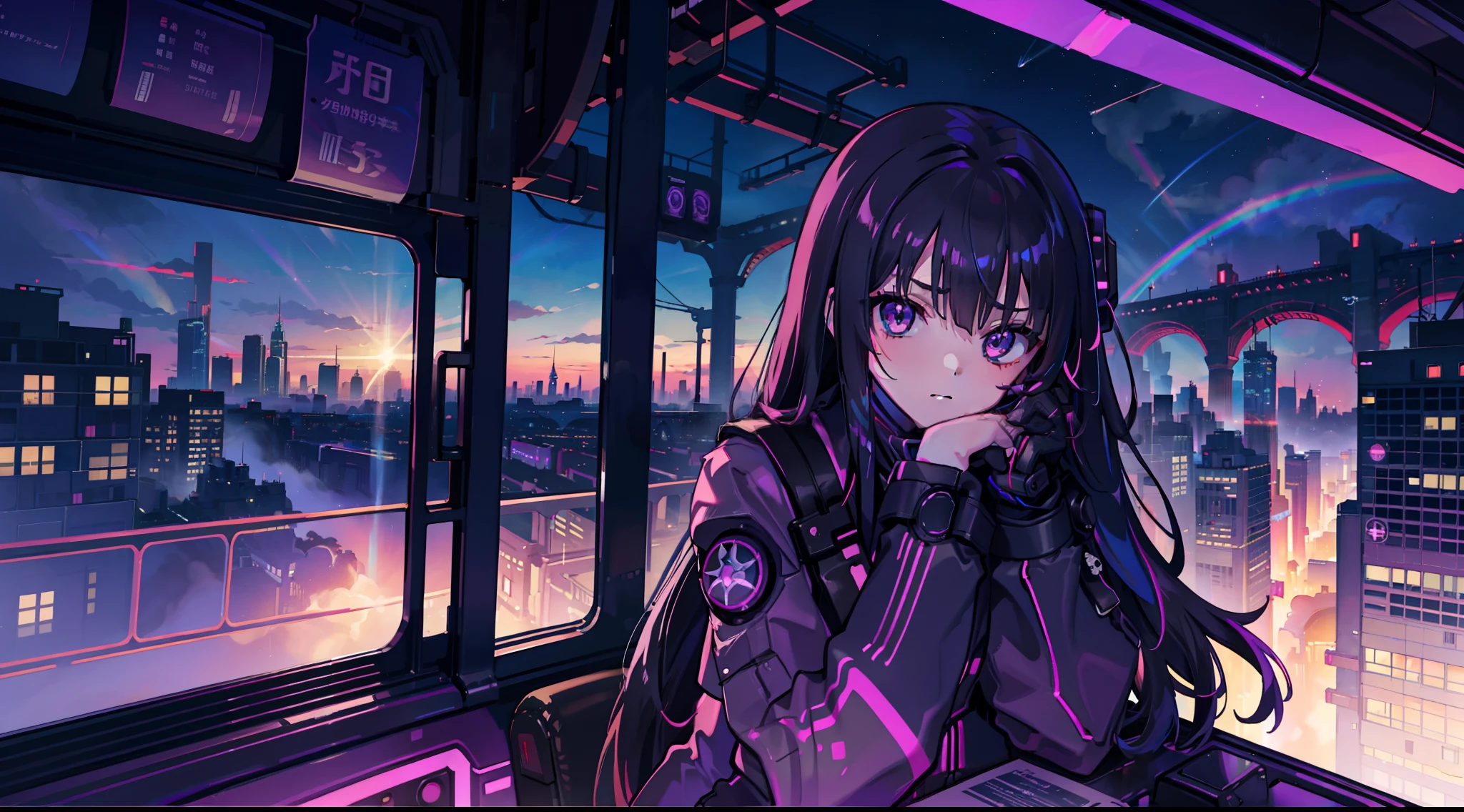 Detailed background，cyber punk perssonage，rainbow，fantasy，nighttime city，Train window，orbiting，viaduct，the sideview，teens girl，Sit by the window，Hold your face with your hands，Lazy，Exquisite light and shadow，black long straight hair，校服，Angled perspective，Focus point，From the outside in