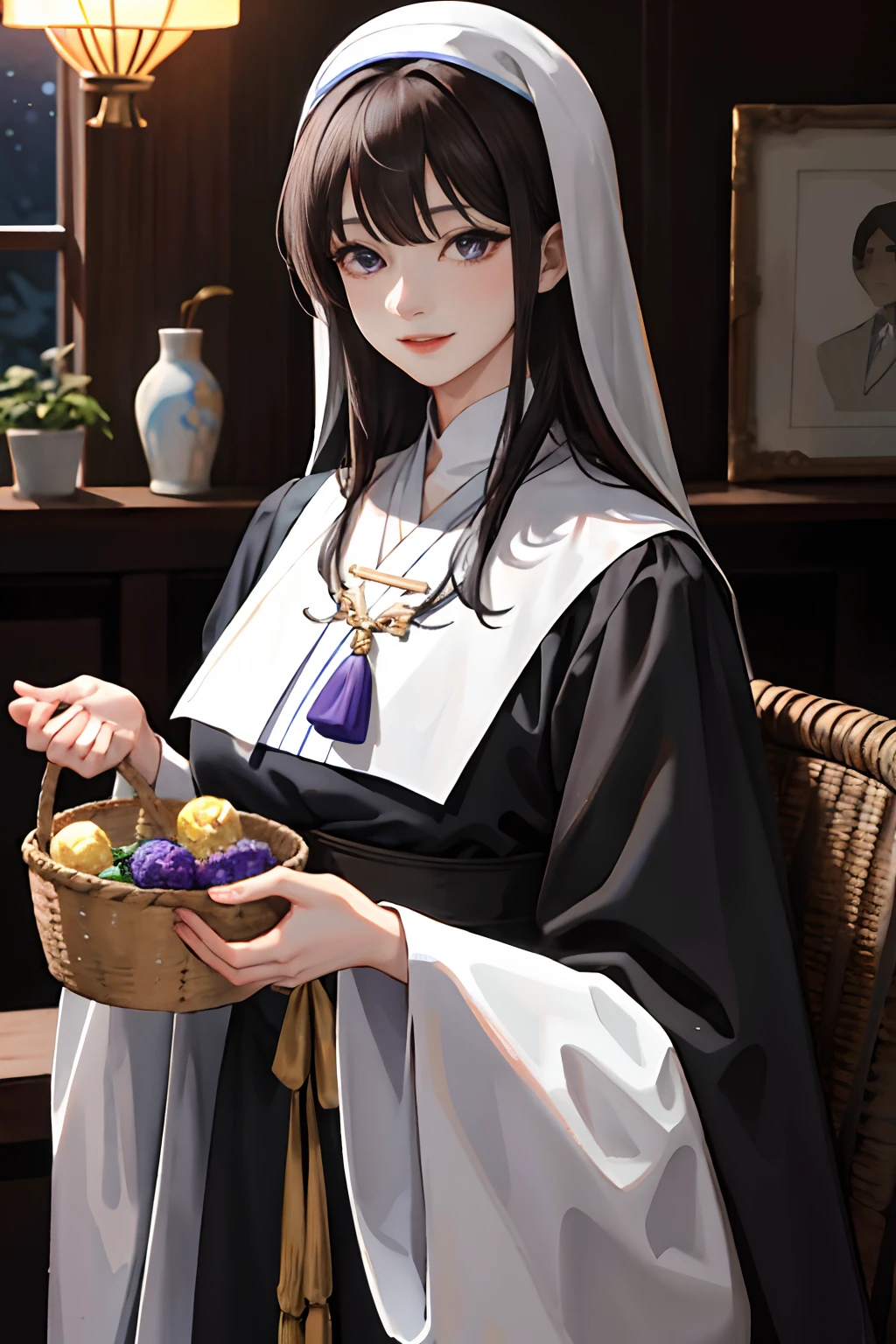 (masuter piece:1.2、top-quality)、(Live Action、Intricate details)、(1lady、独奏、full bodyesbian) garments: Traditional nun clothing、Black veil　appearance: dark brown hair、Hair to the shoulders、Purple eyes、Light makeup、 BEReaction: is standing、Smiling、Holding a basket of values: faith、authenticity　Personality traits: moderate、disciplined。