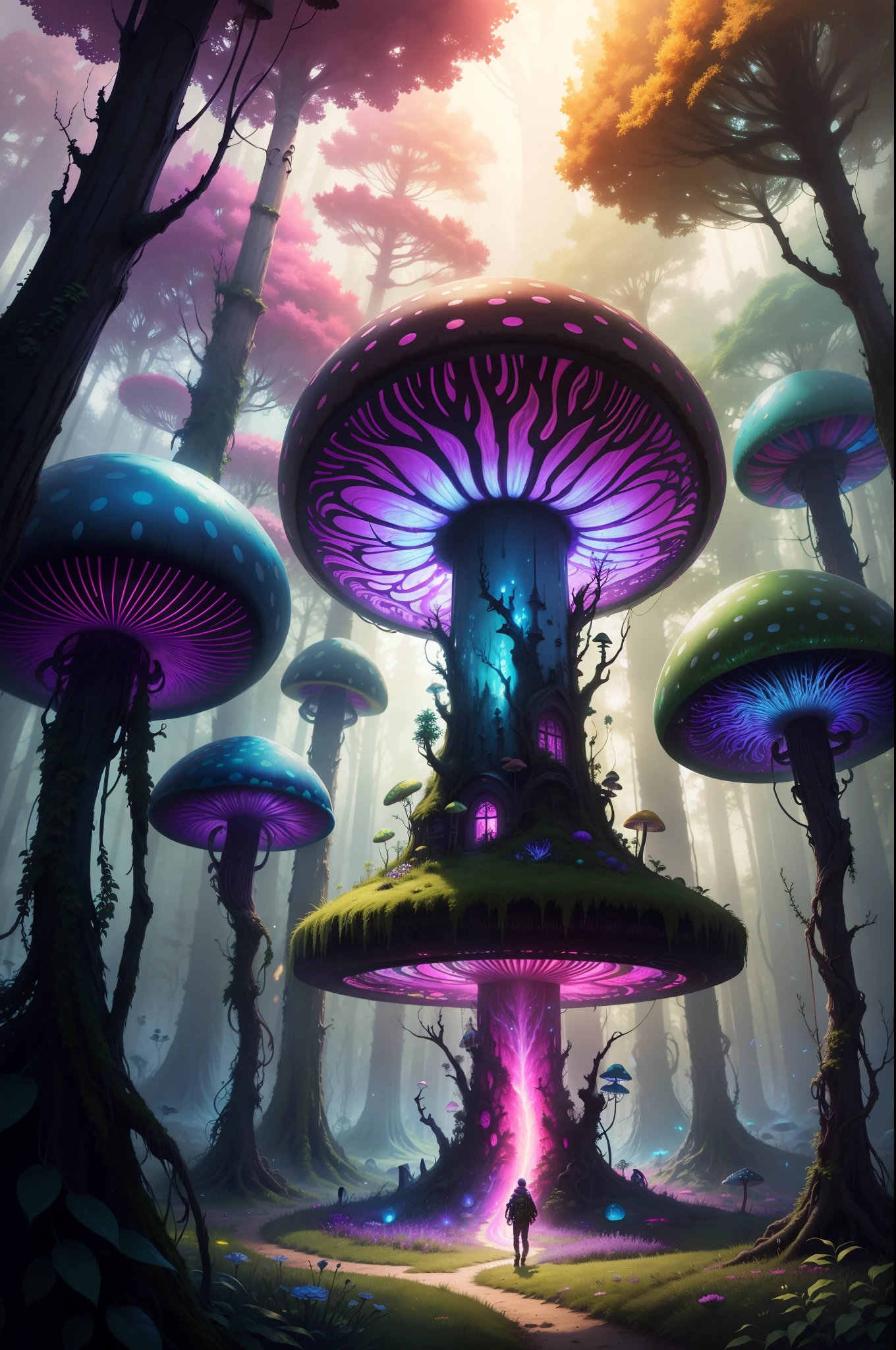 Close-up of mushrooms in fantasy forest, magical colors and atmosphere, colorfull digital fantasy art, psychedelic landscape, dark，Cyberpunk，Forest，Forest，- Colorful concept art overgrown with weeds, psychedelic mushrooms dream, Psychedelic atmosphere, trippy vibrant colors, whimsical and psychedelic, trippy art, psychedelic aesthetic, Magic world. Colorful, psychedelic architecture, Psychedelic art style, 4k highly detailed digital art, magical colors and atmosphere，