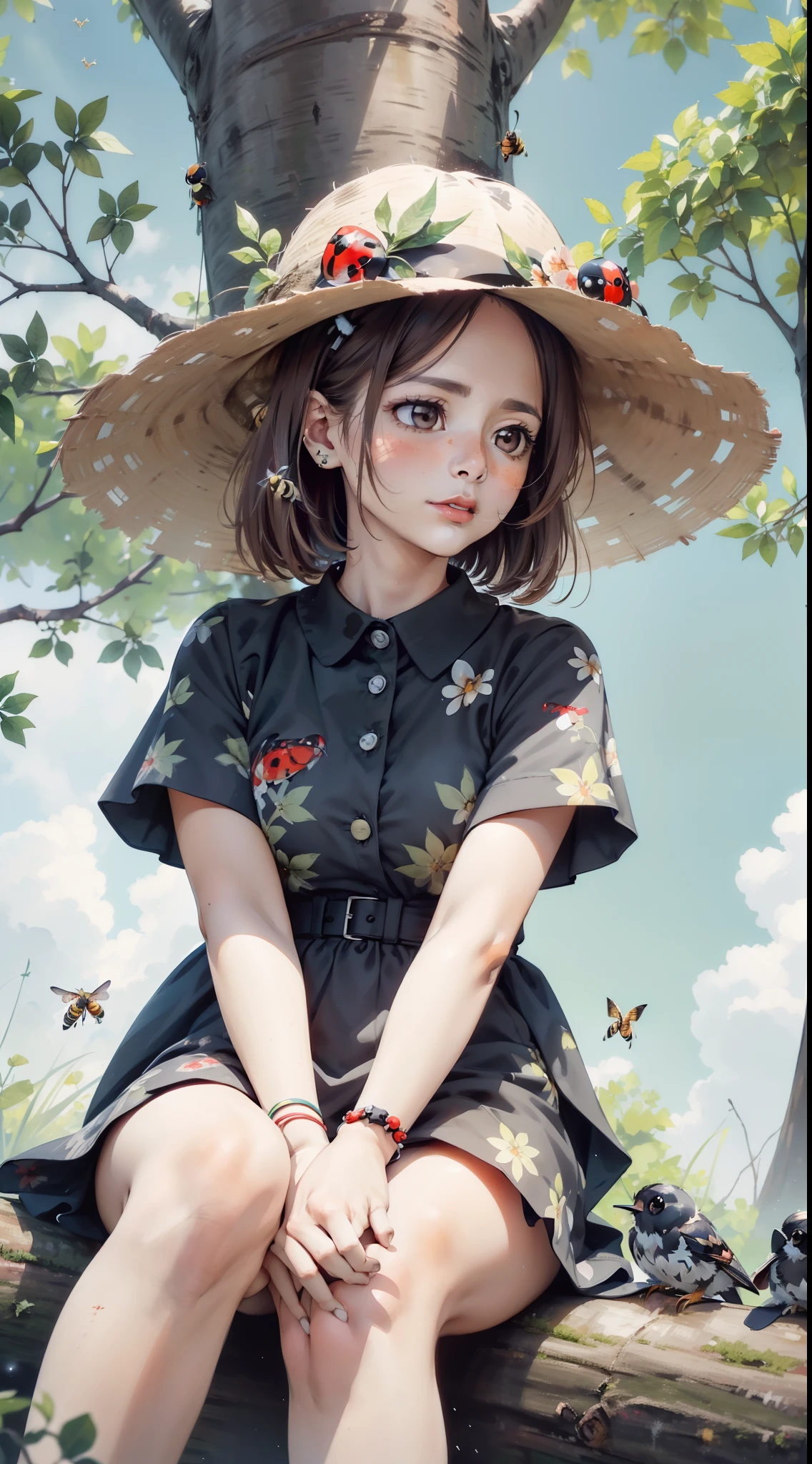 (sitting under a tree、Woman wearing ladybird print accessories:1.6), May, (Two birds named Flingilla koeleb on a tree branch with a nest:1.6),(Several bees flying:1.5), (From the very top:1.8), nffsw, retinas, (masutepiece:1.3, Anatomically correct, Super Detail, high details, High quality, awardwinning, Best Quality, hight resolution, 8K),(Looking away),reallistic