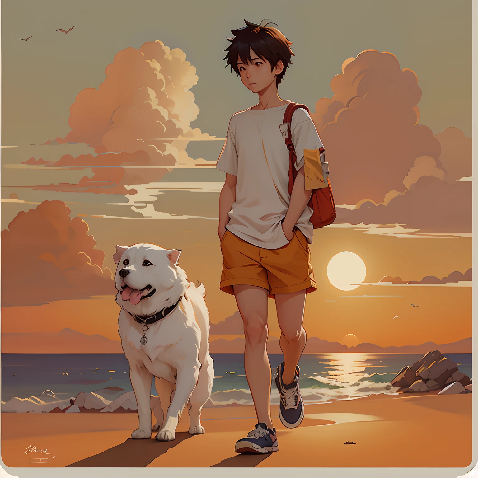Anime boy and dog on beach with sunset with clouds, Makoto Shinkai's style, in the style of makoto shinkai, ( ( Makoto Shinkai ) ), Makoto Shinkai!, Makoto Shinkai!!, Makoto Shinkai. —h 2160, makoto shinkai art style, Guweiz e Makoto Shinkai