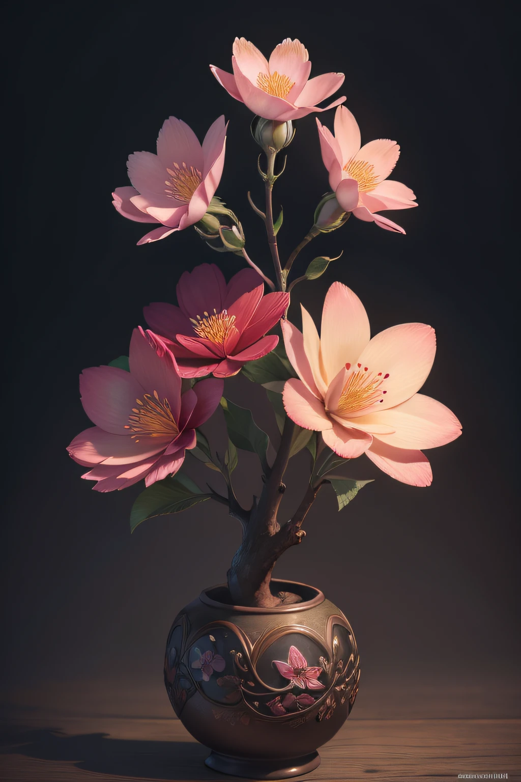 there is a close up of a bunch of flowers on a branch, paul barson, flower blossoms, beautiful digital artwork, beautiful digital art, flowers and blossoms, surreal waiizi flowers, beautiful flowers, blooming flowers, flowers with intricate detail, incredibly beautiful, beautiful art, beautiful composition 3 - d 4 k, gorgeous digital art, sakura flowers