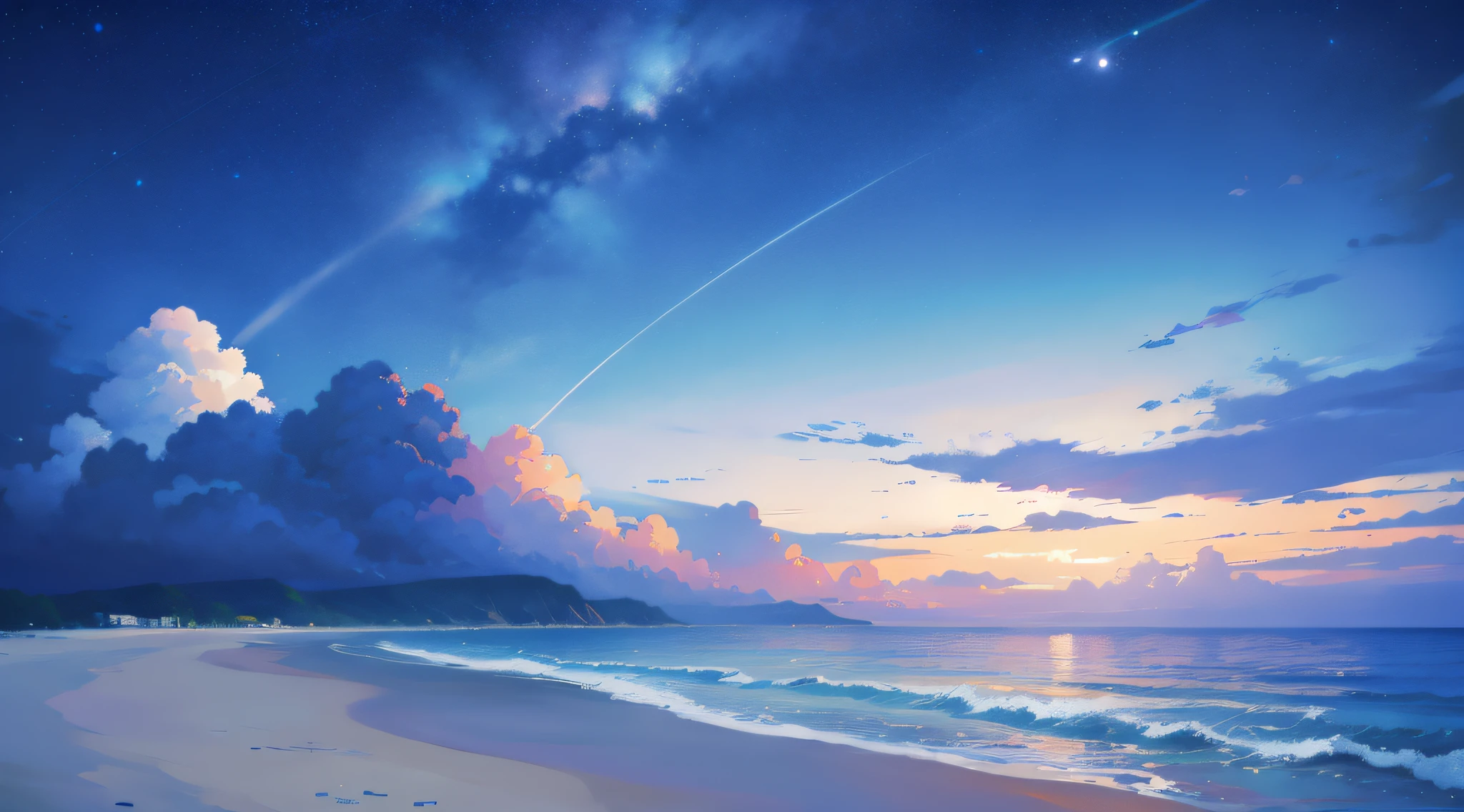 no humans, starry sky, blue and purple sky, blue moon, beach, night mood, beautiful anime scene, anime sky, dreamy scenery, fantastical, masterpiece, best quality, absolutely resolution, ultra detailed, 8k, healing, relaxation