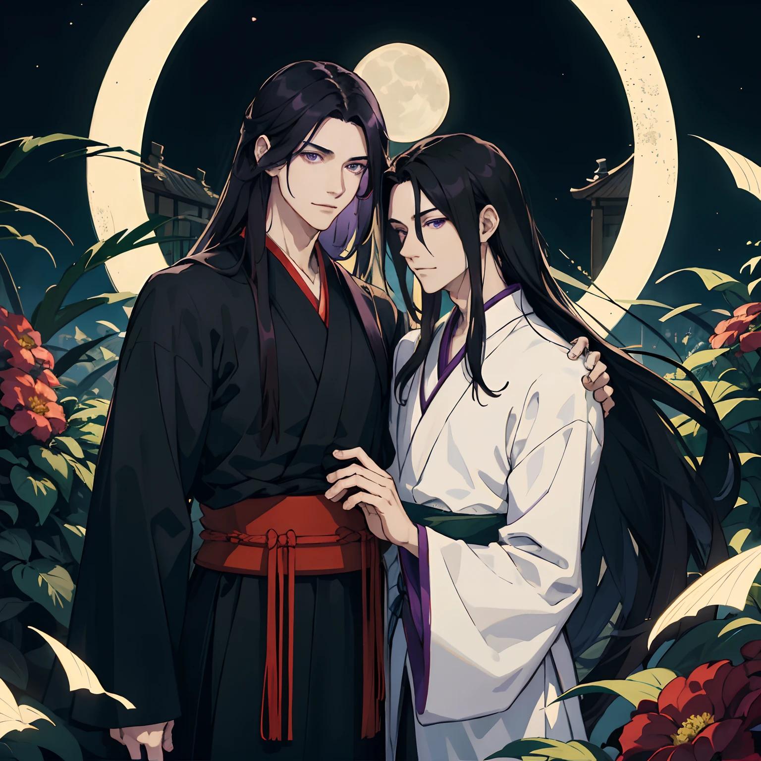 2 men, lover, Wooden greenhouses, Wear Hanfu, Long black hair, Dark purple eyes, doctor, Wear Hanfu, Very muscular., Wide shoulders, Tall, Long white hair, Black eyes, moon light, caress, smirk, Flowers flutter