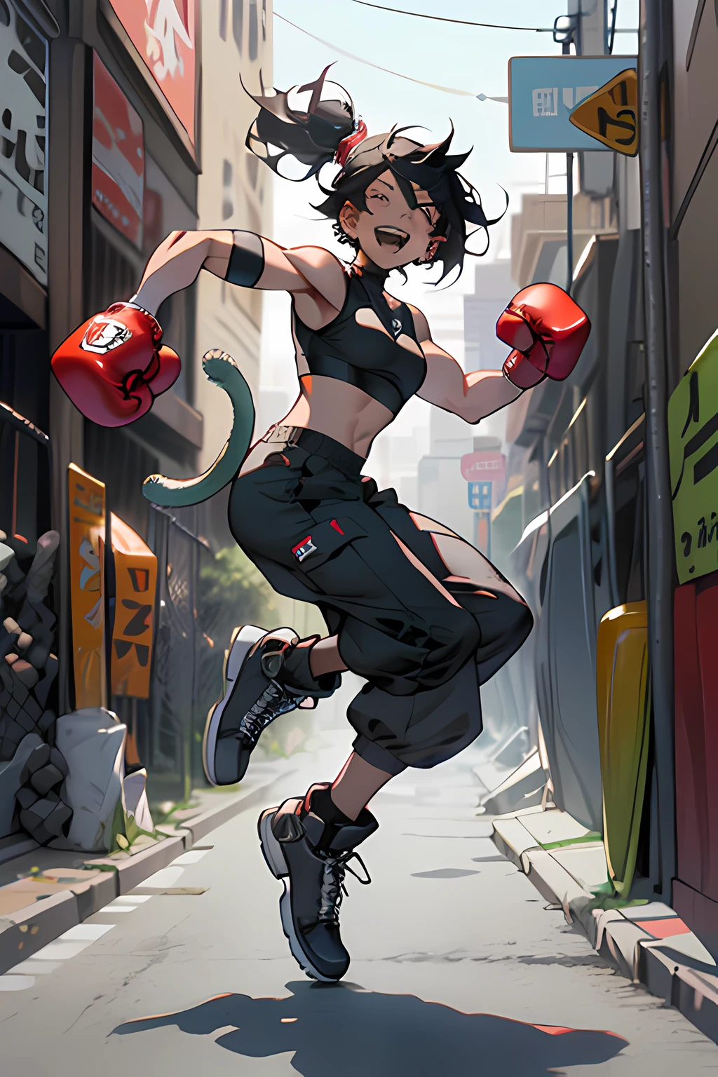1 tomboy, (25 age old), Kangaroo girl, (Tail:1.1), Strong, sport, (musculous:1.2), (Short hair:0.9), (Piercing:0.8), self-assured, (Noisy laughter:1.3), baggy clothes, (cargo pants:1.1), (Sleeveless shirt:0.9), (Combat boots:1.2), (hijabi sluty:0.8), (boxing gloves:1.1), Energetic, (Jumps:1.3), Street background, urban surroundings, (scribbles:0.9), (skateboards:1.1), (Stomping:1.2), (intense look:0.8), (Sunny alley:1.1), (Dynamic pose:1.3), (dust particle:0.9) Head, Omertosa