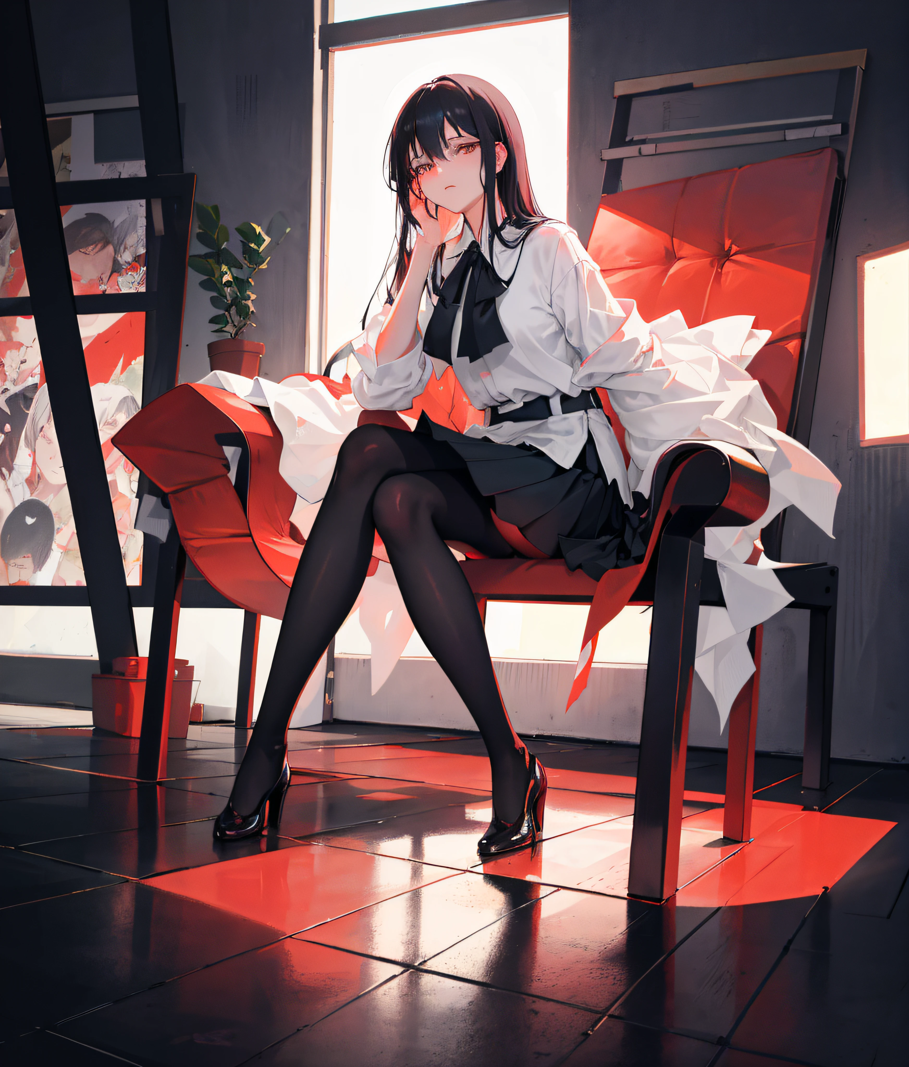 I'm sitting on a chair with my legs spread and I can see my through my skirt, Long black hair, A somber expression, She is wearing a white blouse that shows through, Pantyhose, sole