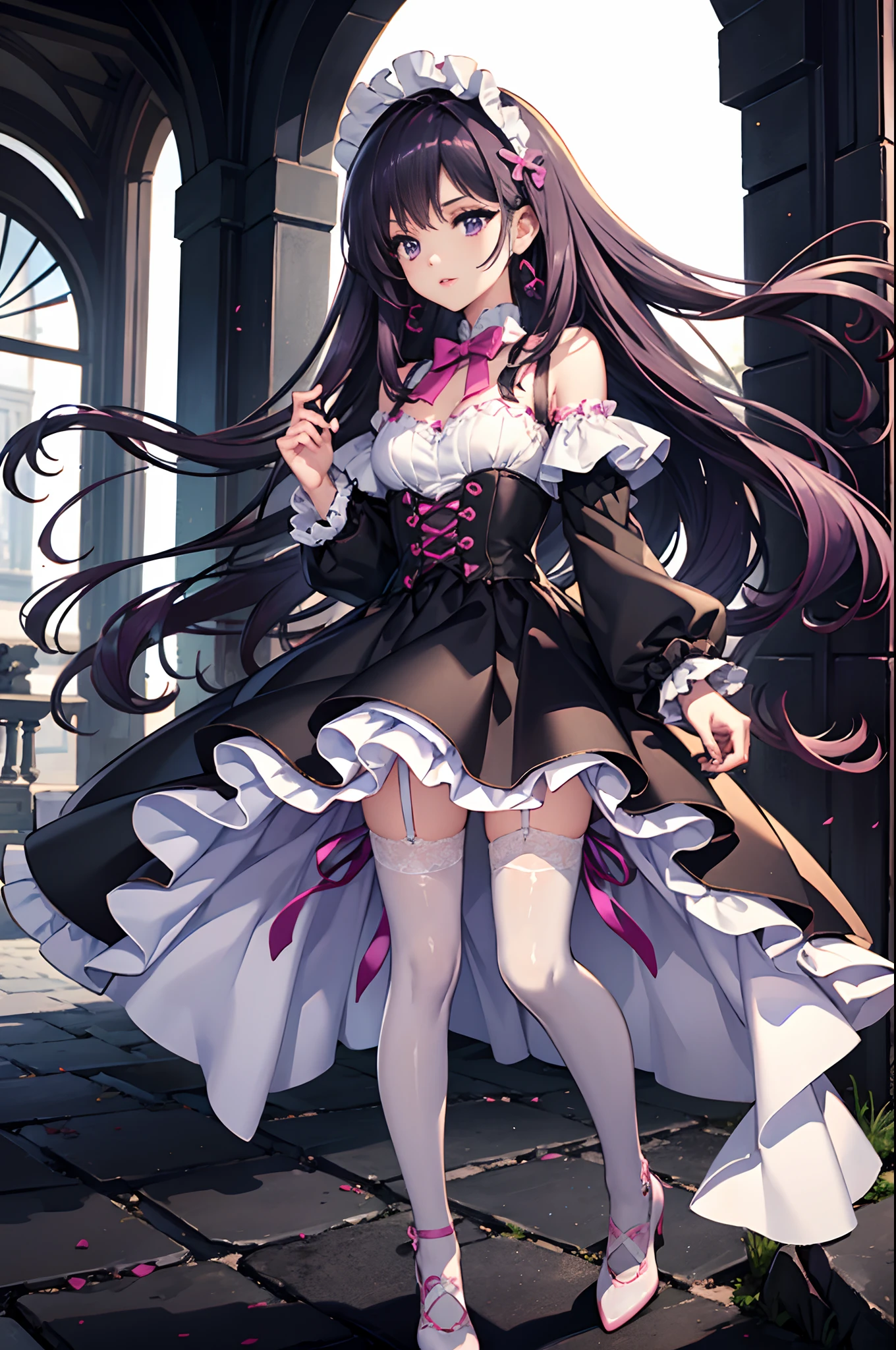 one-girl,Long dark purple hair,Purple eye,pink Lolita,White panty hose,Black leather shoes,Hands on your back