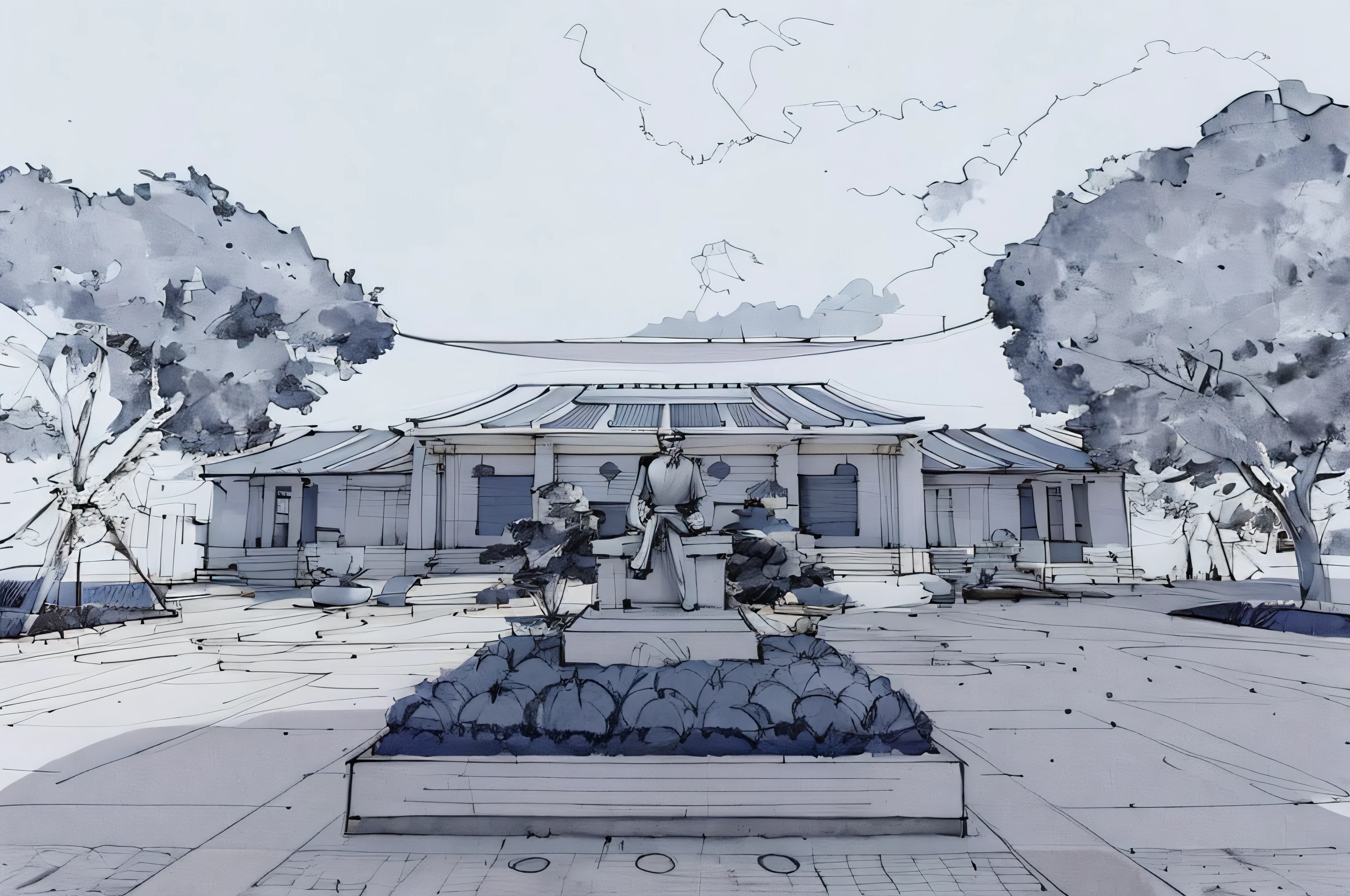 Sketch, Sketch,pen_Sketch_Style,Detailed details,white backgrounid,simplebackground,Architectural sketch style，In the open space in front of the building there is a seated statue of a great man，Good sun exposure