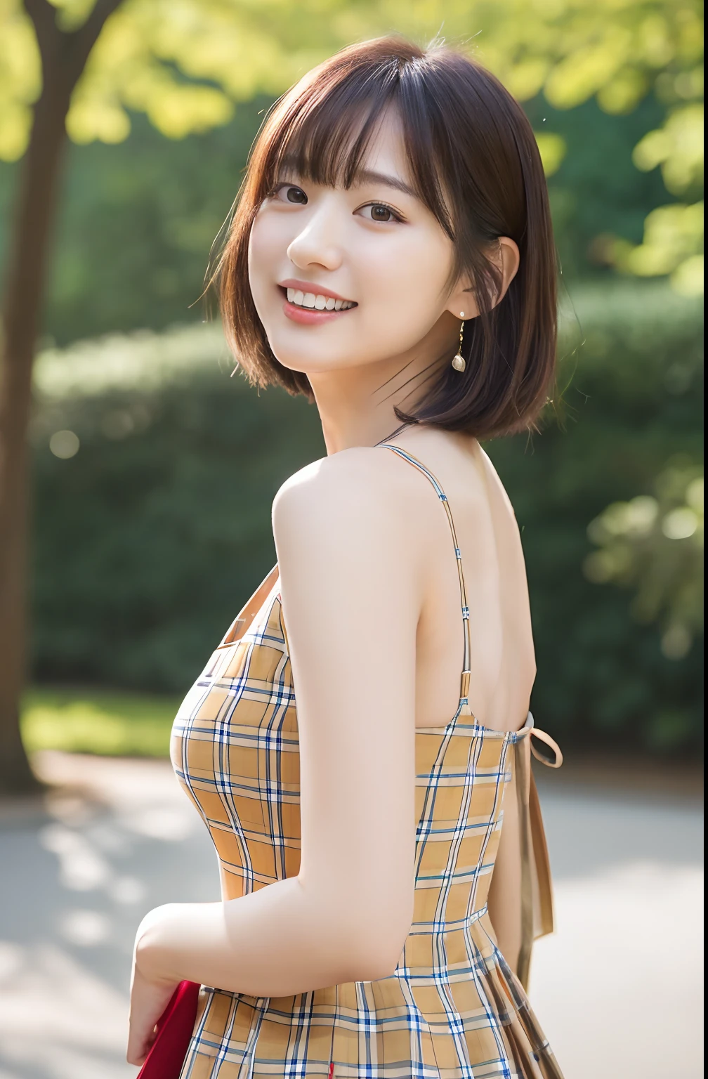 Close up portrait of woman walking in park in dress、Japan Person Model、Young Sensual Gravure Idol、Young cute gravure idol、Realistic Young Gravure Idol、Realistic sensual gravure idol、Young gravure idols、sophisticated gravure idol、奈良pleasing智、Young skinny gravure idol、beautifull asian girl ever、oppai、((8K:1.27)、top-quality、masterpiece、超A high resolution:1.2)Photo Beautiful Japan woman(pleasing:1.1) Elegance、There is a good、Gradient lighting、1girl in、Delicate skin、Look here、Brown-eyed、(short hair with bangs:1.2)、(breasts are large:1.0)、(medium areola:0.8)、(realisitic:1.4)、(top-quality:1.0)、(超A high resolution:1.0)、8K、Raw photography、(masterpiece:0.2)、(pureerosface_v1:0.5)、 Large Plaid Splicem Bodycon Dress、Burberry style、Mini length、multi colored、beige colors、Sleeveless、Round Neck、want me、Bring your chest together、Colossal tits、Staring at this、Omotesando in the morning、Street Trees、Stylish cityscape、subject、Lean、Look here、Laugh、Futomo、slightly chubby figure、big butts、a necklace、SLR、Morning light、The morning sun is dazzling、