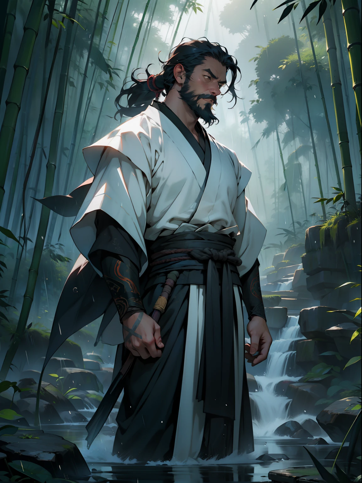 Deep in the bamboo forest, Chinese Ancient Times,raining day, A middle-aged male, 50yearsold, With a beard,long whitr hair,emaciated,dressed white hanfu, Standing in a bamboo forest, A hand touched his beard,Place one hand behind your back,look up to,Quiet, Cinematic lighting, in a panoramic view, Masterpiece, ccurate, Super detail, Award-Awarded, Best quality