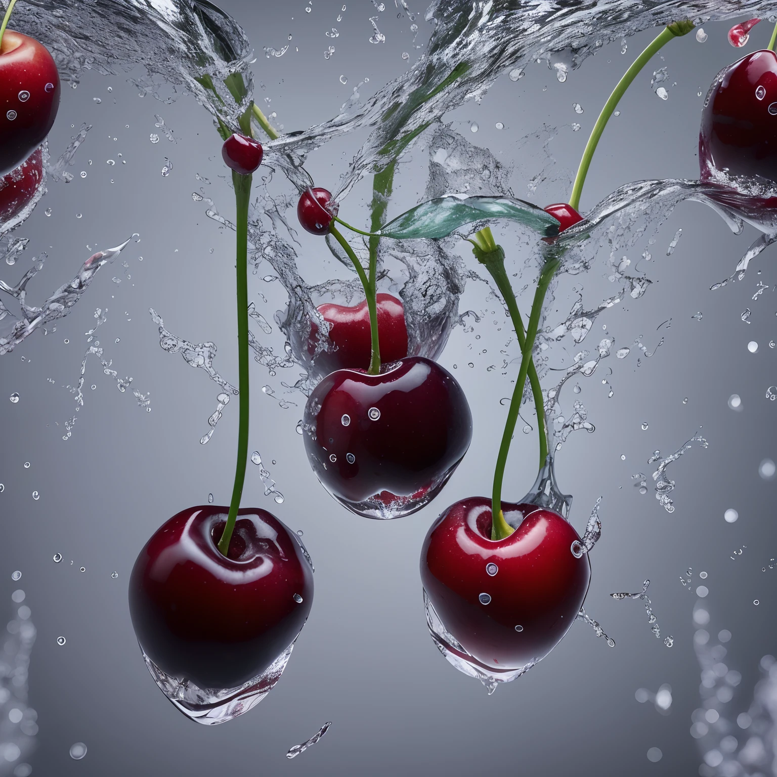 3 cherries fall into the water, carbonic acid, macro, Professional color grading, clean sharp focus, Commercial high quality, Magazine award-winning photography, Ultra photo realsisim, hyper HD, 8K
