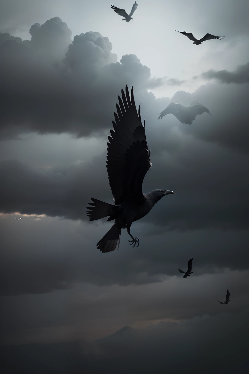 Black gray sky,A flock of crows flew away