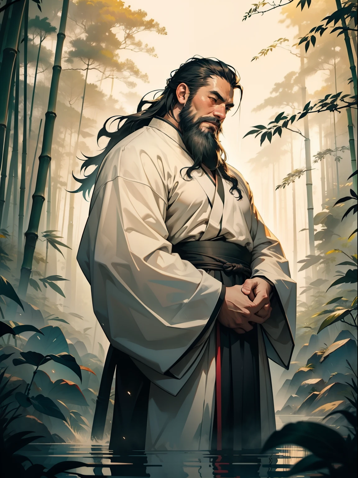 Deep in the bamboo forest, Chinese Ancient Times,raining day, A middle-aged male, 50yearsold, With a beard,long whitr hair,emaciated,dressed white hanfu, Standing in a bamboo forest, A hand touched his beard,Place one hand behind your back,look up to,Quiet, Cinematic lighting, in a panoramic view, Masterpiece, ccurate, Super detail, Award-Awarded, Best quality