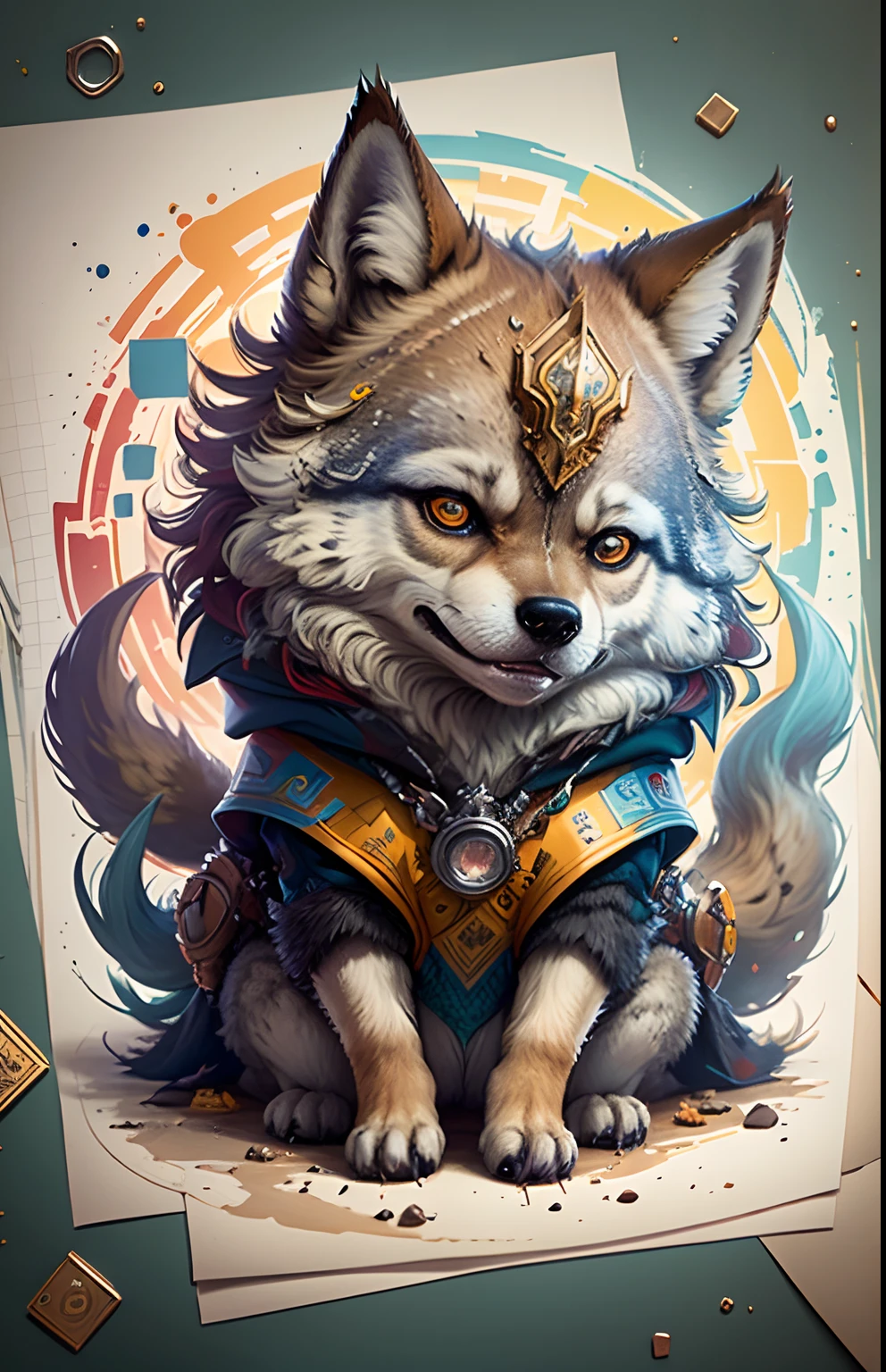 "Create a stunning masterpiece of wolf-themed chibi multidimensional paper quilting art, The Yang 08K has a colorful style. Make sure to include all official art elements as much as possible, Top and best quality, Make it both aesthetically pleasing and aesthetically pleasing."