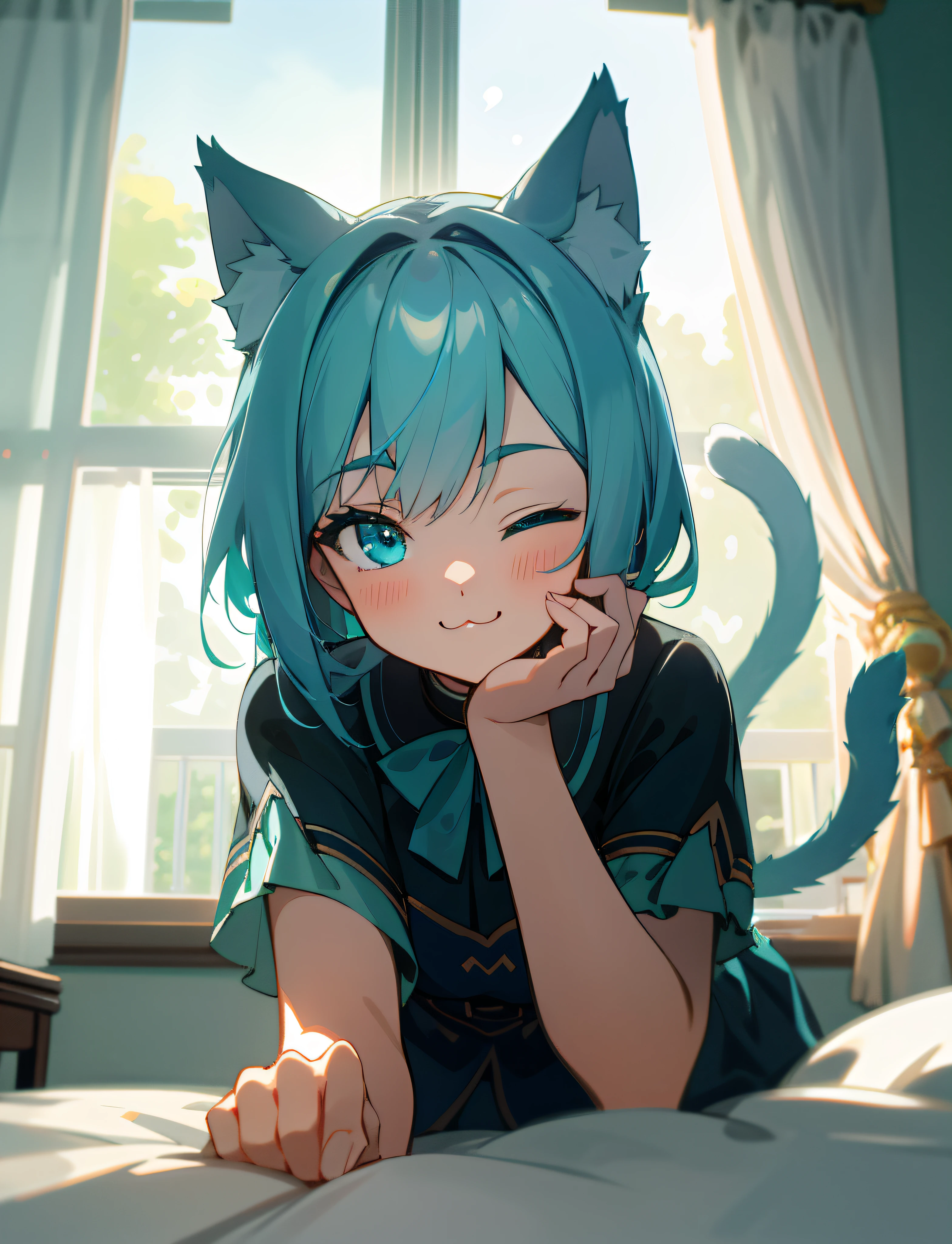 depth of field, perfect lighting, light particles,(best quality),(masterpiece),(ultra detailed),sharp focus, puck, :3, aqua_eyes, blue_eyes, cat, smile, solo, tail, pov, close-up, upper body, windows, curtains, bedroom, all fours, one eye closed,