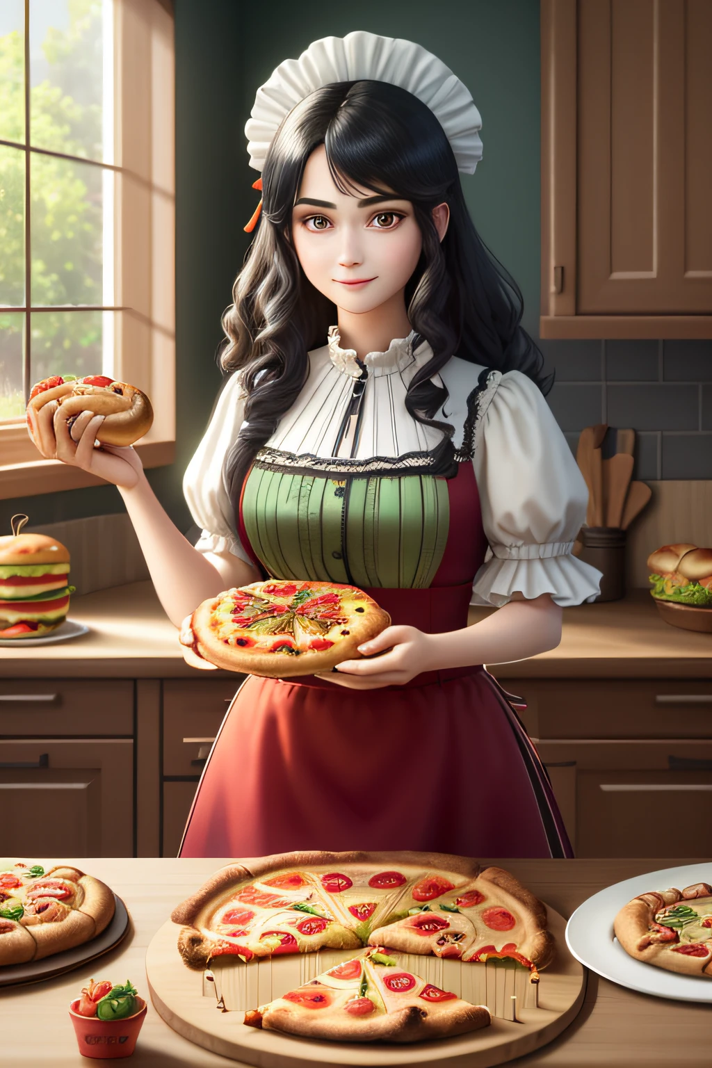 Gourmet kitchen,Big kitchen,apples,Baku,Bananas,basket,blue berry,Boneless flesh,bowl,breads,Teenage chef,Beautiful hair accessories,exquisite facial features,Flawless face,Large sapphire eyes,Long eyelashes,Dot the cheeks,Black hair,Happy face,The action is cheerful,hamburger,butter,Cupcakes,Cake slices,carrots,cheeses,chicken,pastie,pizza,Pepperoni,skewer,sparkling water,wine,Wine bottles,wineglass,wooden tables,mont,grassy fields,Cushion,Grandiose narrative scenes,Stereoscopic lighting,extreme hight detail,film effect,Ray traching,cg render,The picture structure is clearly hierarchical,HD 16K