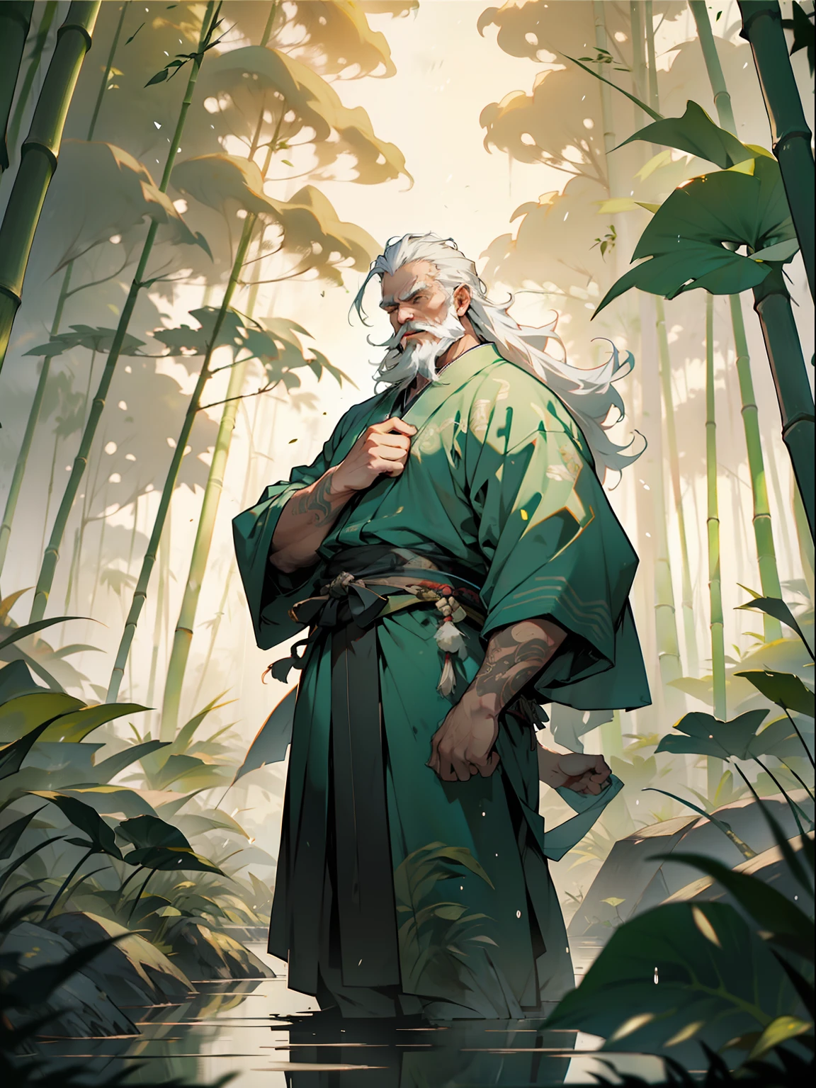 Deep in the bamboo forest, Chinese Ancient Times，raining day, A middle-aged male, 50yearsold, With a beard，long whitr hair，emaciated，dressed white hanfu, Standing in a bamboo forest, A hand touched his beard，Place one hand behind your back，look up to，Quiet, Cinematic lighting, in a panoramic view, Masterpiece, ccurate, Super detail, Award-Awarded, Best quality